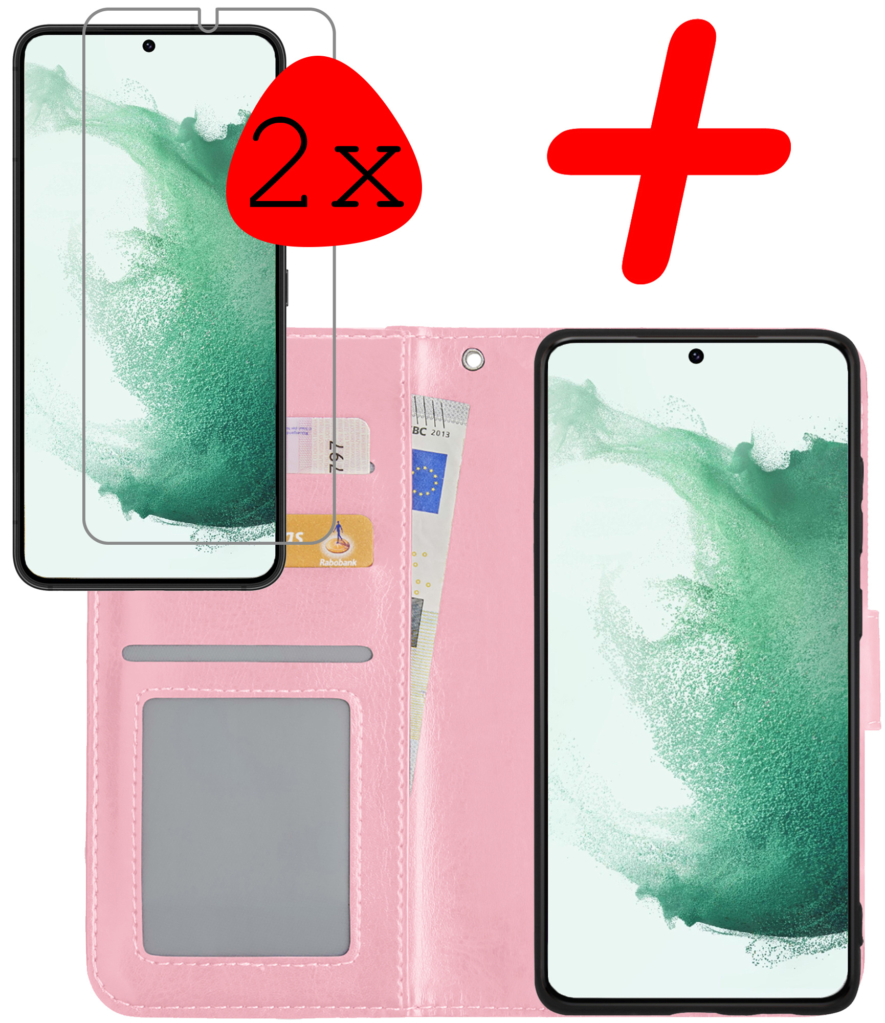 BASEY. Hoes Geschikt voor Samsung S22 Plus Hoesje Bookcase Hoes Flip Case Book Cover Met 2x Screenprotector - Hoesje Geschikt voor Samsung Galaxy S22 Plus Hoes Book Case Hoesje - Lichtroze