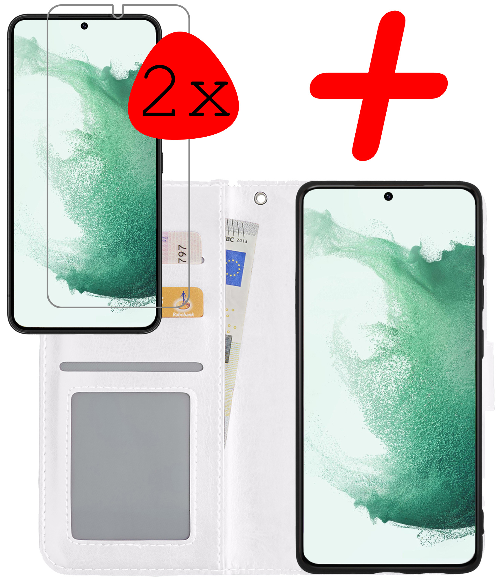 BASEY. Hoes Geschikt voor Samsung S22 Plus Hoesje Bookcase Hoes Flip Case Book Cover Met 2x Screenprotector - Hoesje Geschikt voor Samsung Galaxy S22 Plus Hoes Book Case Hoesje - Wit