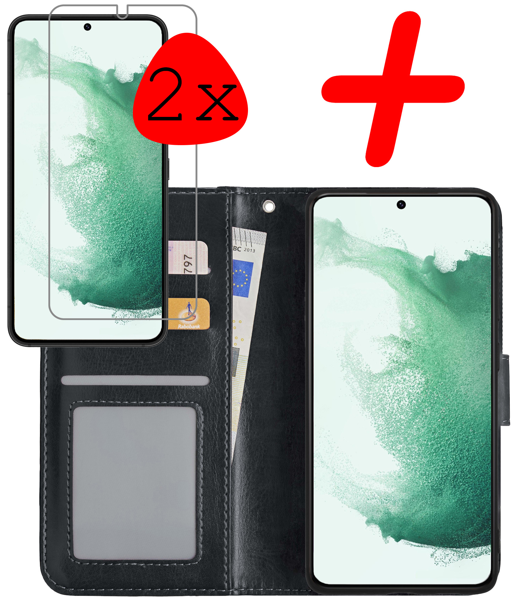 BASEY. Hoes Geschikt voor Samsung S22 Plus Hoesje Bookcase Hoes Flip Case Book Cover Met 2x Screenprotector - Hoesje Geschikt voor Samsung Galaxy S22 Plus Hoes Book Case Hoesje - Zwart