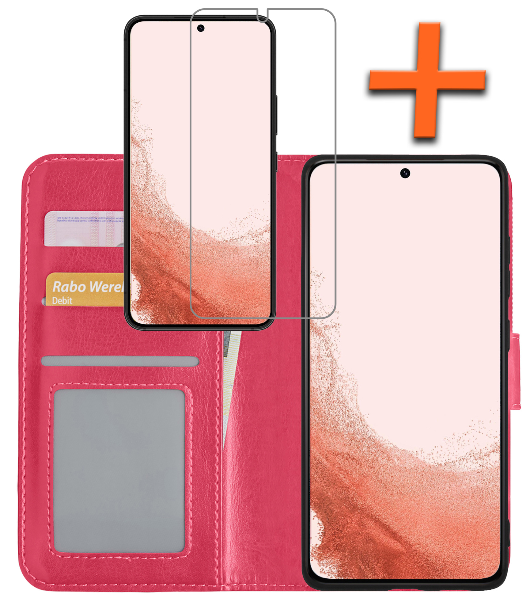 Nomfy Hoesje Geschikt voor Samsung S22 Plus Hoes Bookcase Flipcase Book Cover Met Screenprotector - Hoes Geschikt voor Samsung Galaxy S22 Plus Hoesje Book Case - Donkerroze
