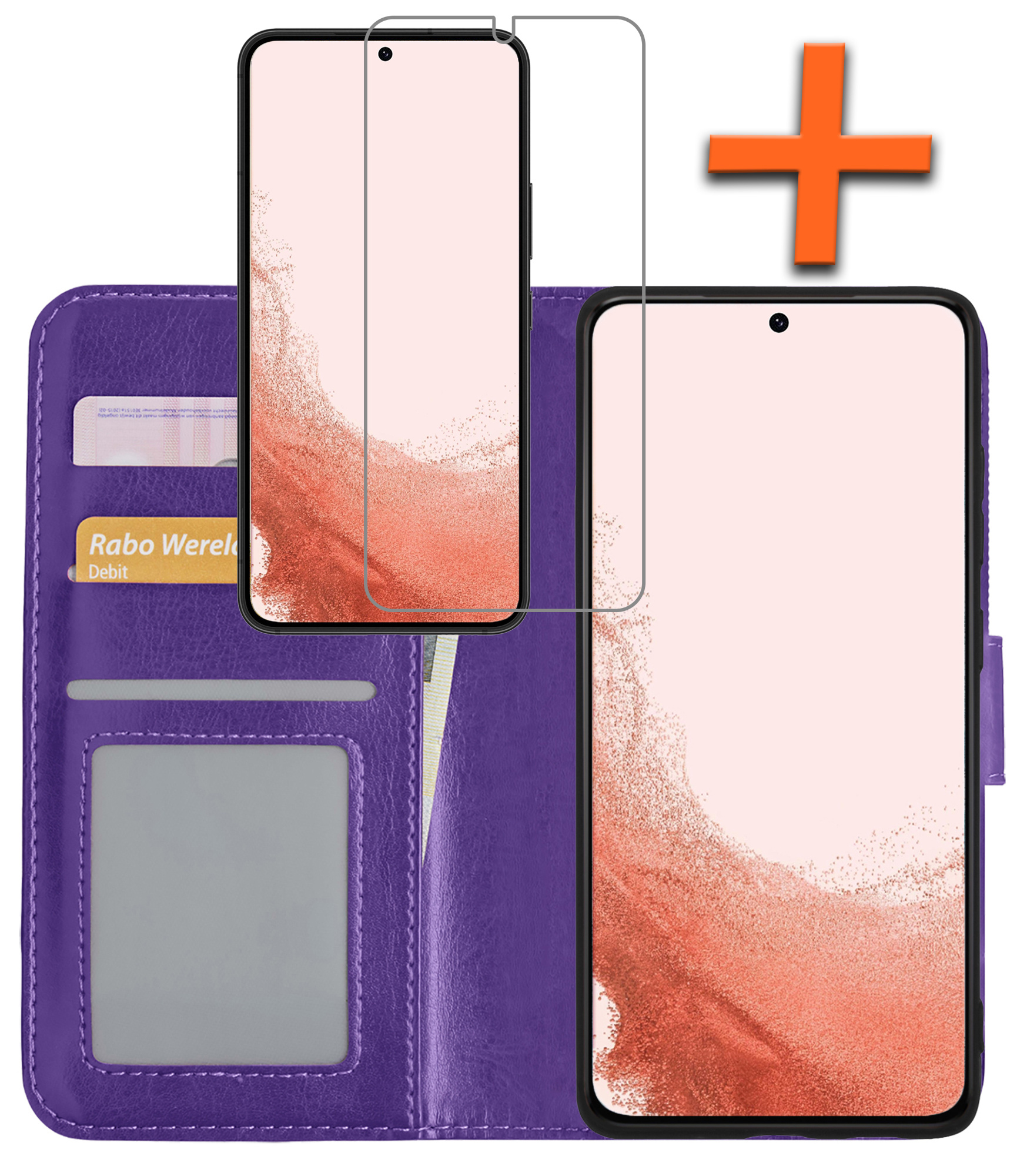 Nomfy Hoesje Geschikt voor Samsung S22 Plus Hoes Bookcase Flipcase Book Cover Met Screenprotector - Hoes Geschikt voor Samsung Galaxy S22 Plus Hoesje Book Case - Paars