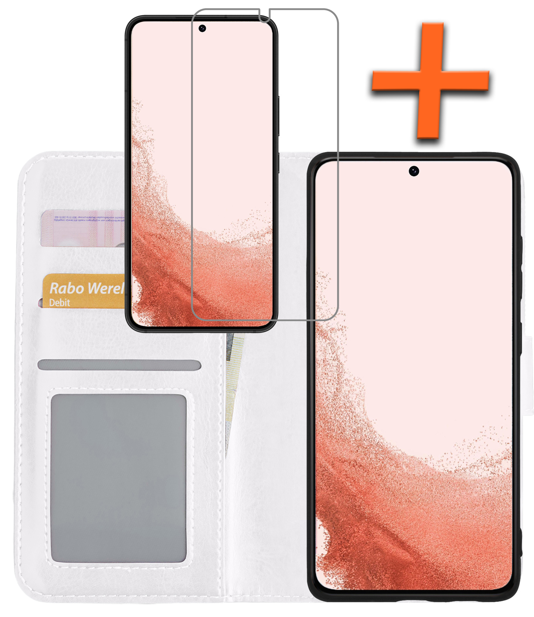 Nomfy Hoesje Geschikt voor Samsung S22 Plus Hoes Bookcase Flipcase Book Cover Met Screenprotector - Hoes Geschikt voor Samsung Galaxy S22 Plus Hoesje Book Case - Wit