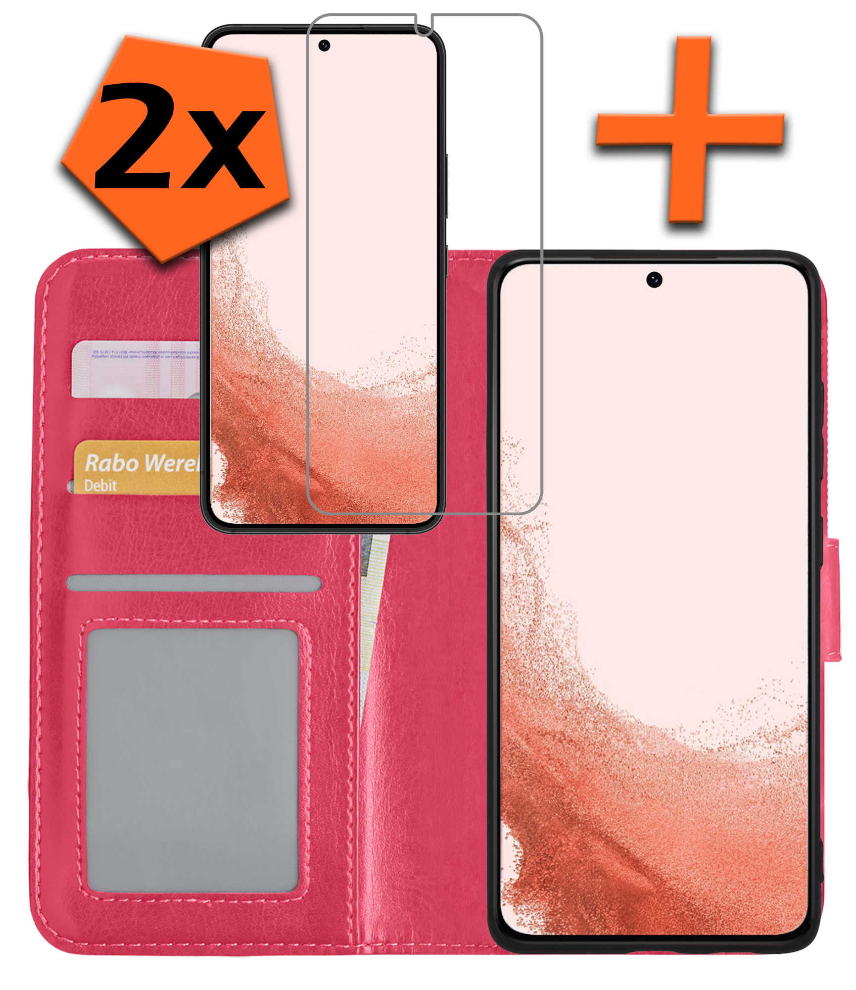 Nomfy Hoesje Geschikt voor Samsung S22 Plus Hoes Bookcase Flipcase Book Cover Met 2x Screenprotector - Hoes Geschikt voor Samsung Galaxy S22 Plus Hoesje Book Case - Donkerroze