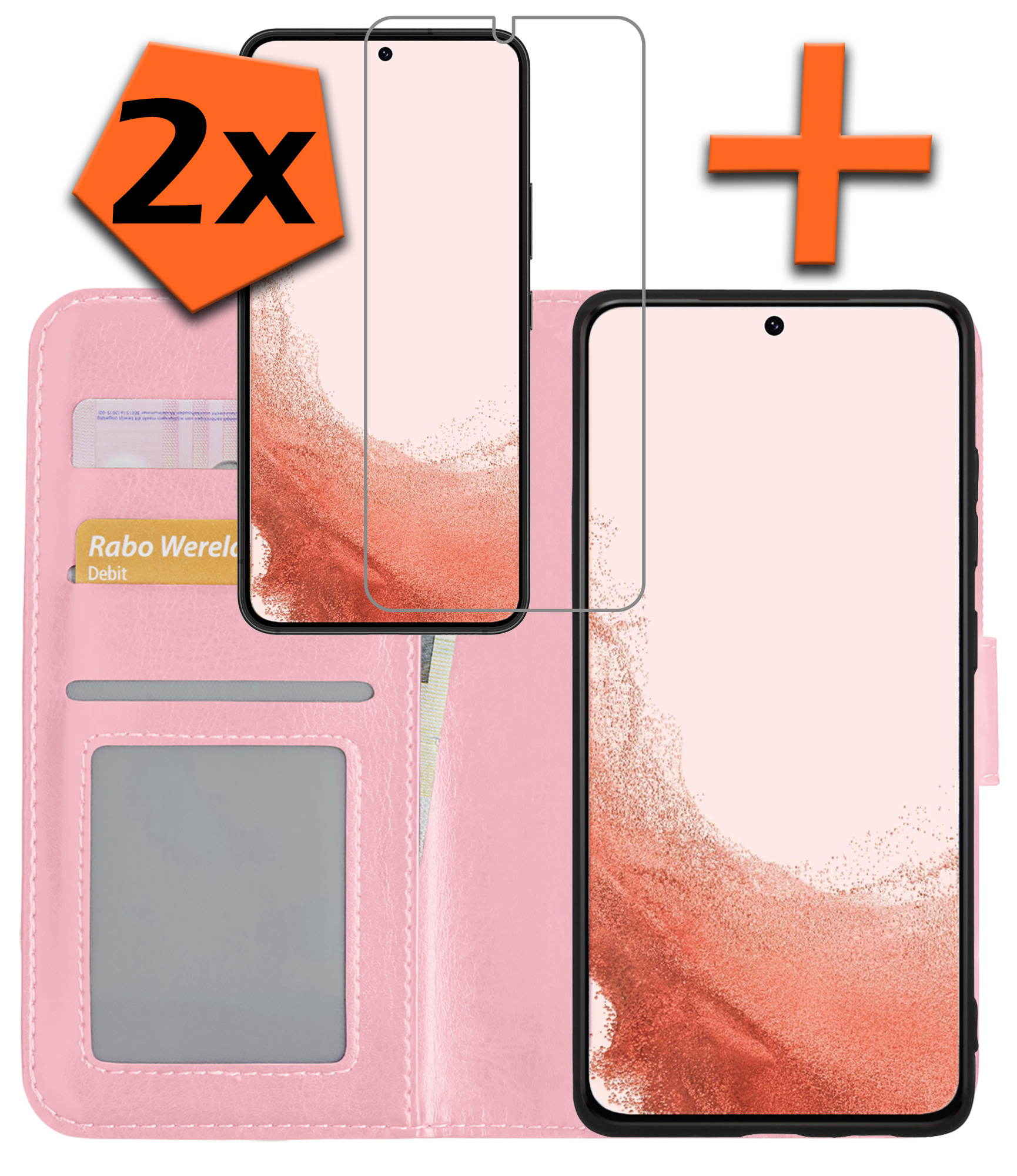 Nomfy Hoesje Geschikt voor Samsung S22 Plus Hoes Bookcase Flipcase Book Cover Met 2x Screenprotector - Hoes Geschikt voor Samsung Galaxy S22 Plus Hoesje Book Case - Lichtroze