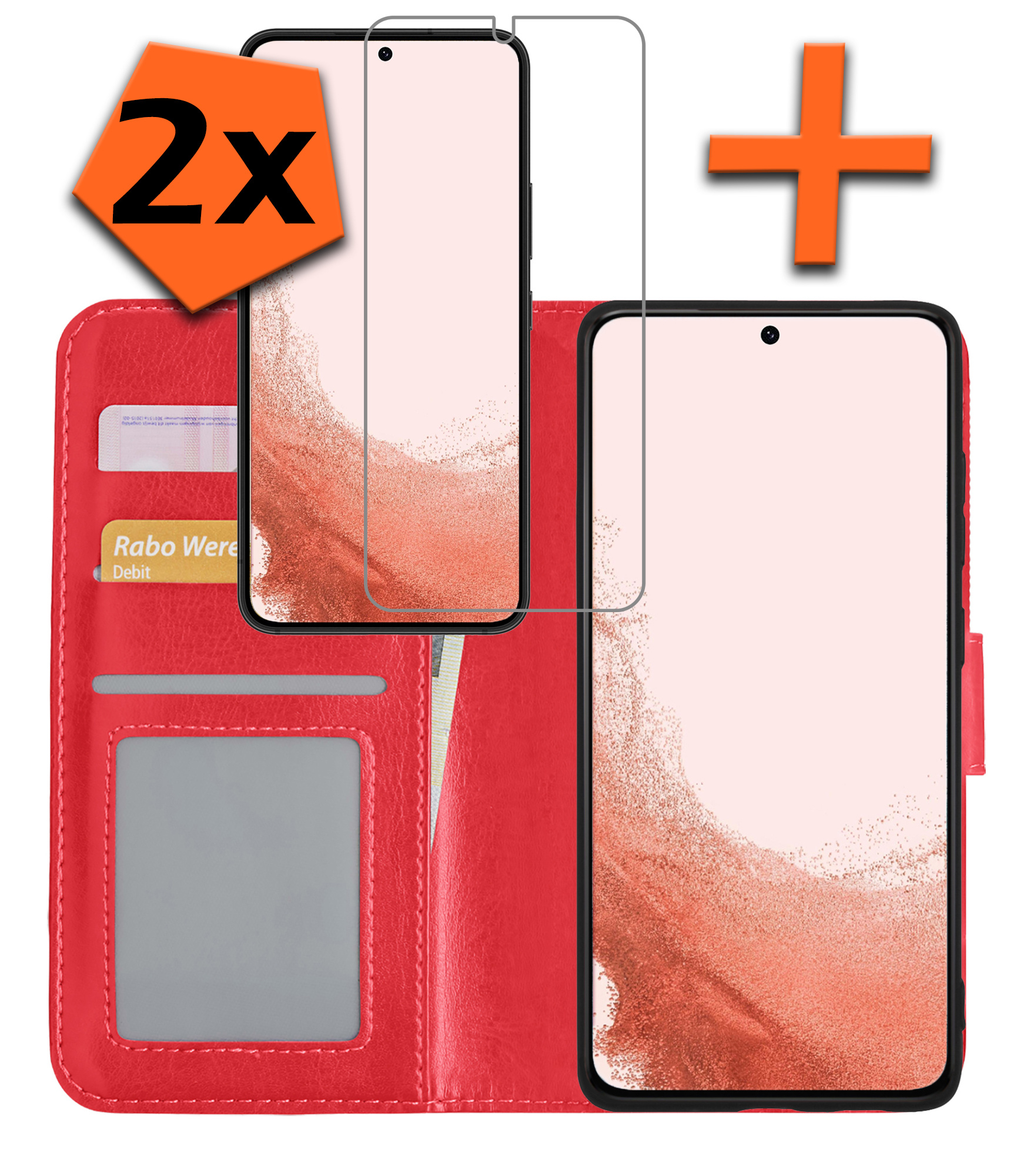 Nomfy Hoesje Geschikt voor Samsung S22 Plus Hoes Bookcase Flipcase Book Cover Met 2x Screenprotector - Hoes Geschikt voor Samsung Galaxy S22 Plus Hoesje Book Case - Rood
