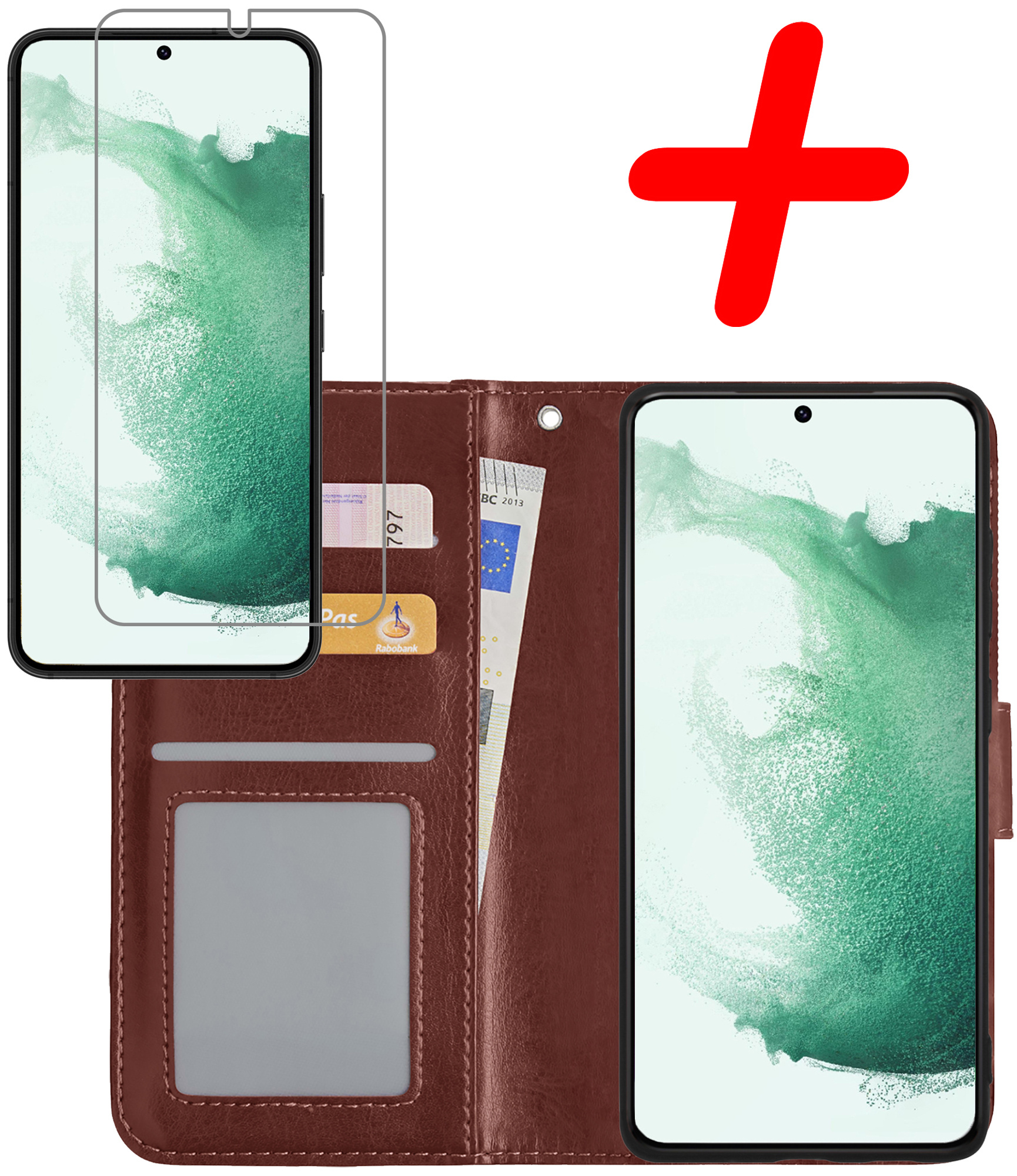 BASEY. Hoes Geschikt voor Samsung S22 Ultra Hoesje Bookcase Hoes Flip Case Book Cover Met Screenprotector - Hoesje Geschikt voor Samsung Galaxy S22 Ultra Hoes Book Case Hoesje - Bruin