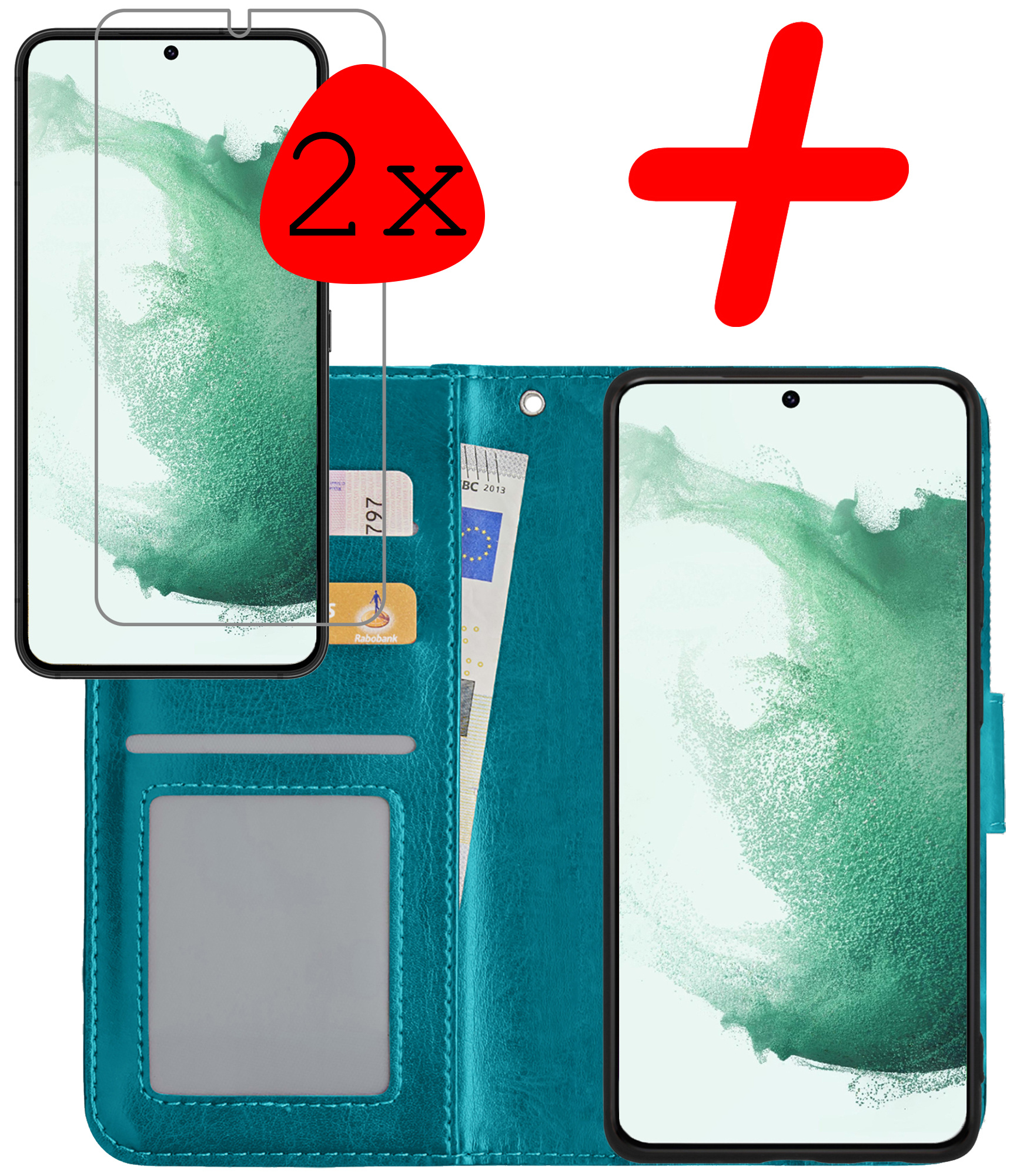 BASEY. Hoes Geschikt voor Samsung S22 Ultra Hoesje Bookcase Hoes Flip Case Book Cover Met 2x Screenprotector - Hoesje Geschikt voor Samsung Galaxy S22 Ultra Hoes Book Case Hoesje - Turquoise