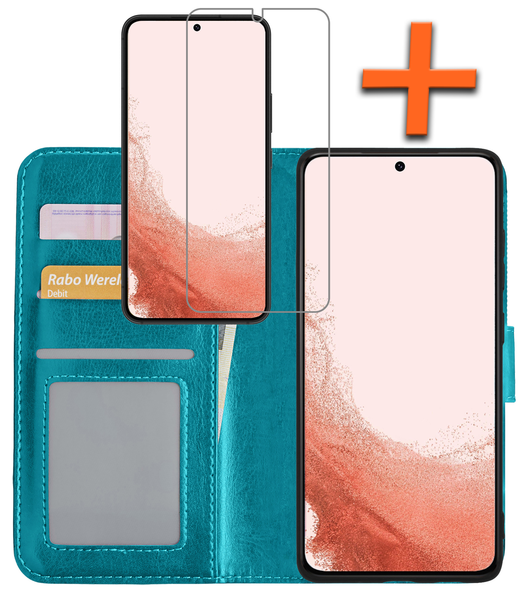 Nomfy Hoesje Geschikt voor Samsung S22 Ultra Hoes Bookcase Flipcase Book Cover Met Screenprotector - Hoes Geschikt voor Samsung Galaxy S22 Ultra Hoesje Book Case - Turquoise