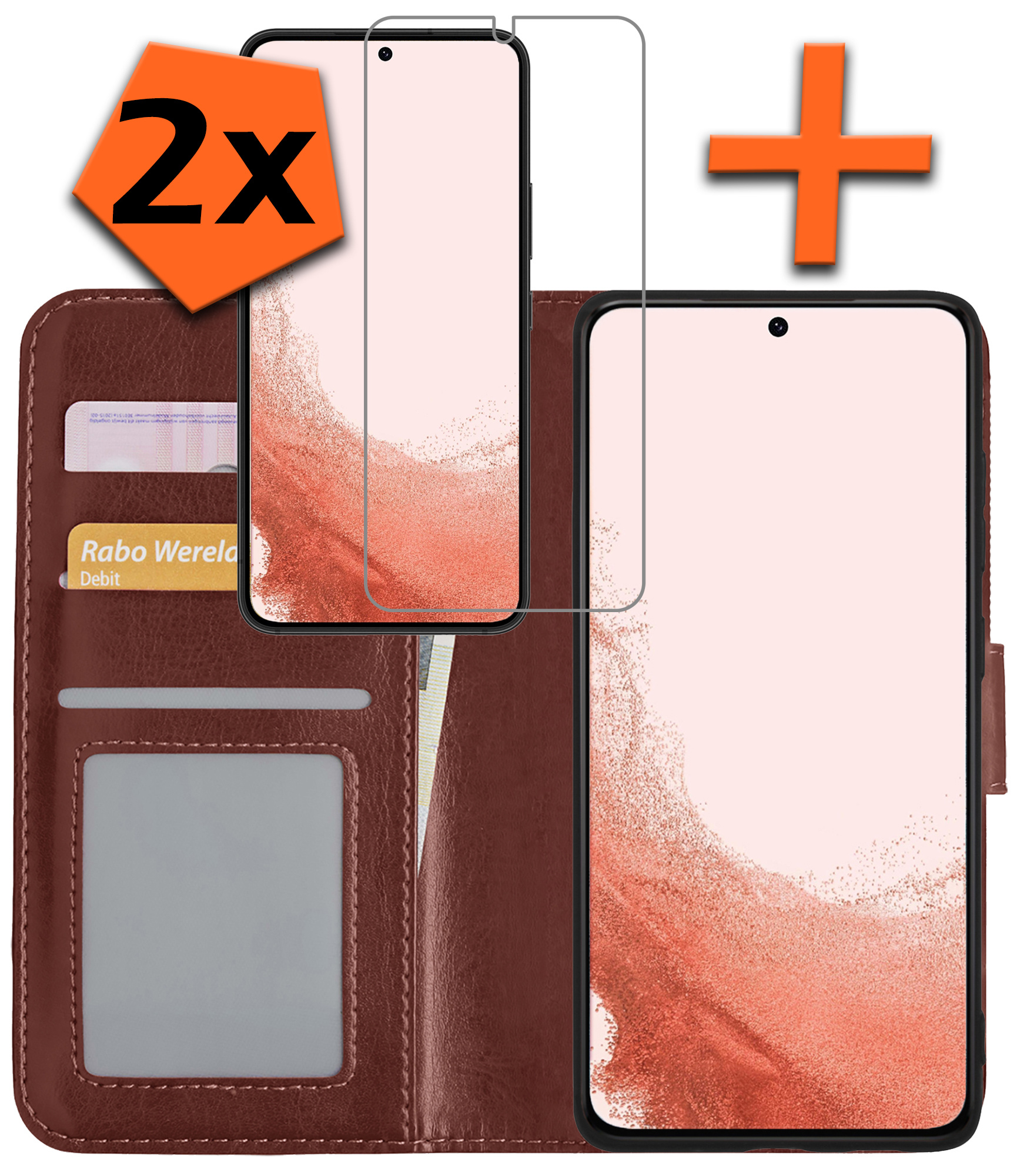 Nomfy Hoesje Geschikt voor Samsung S22 Ultra Hoes Bookcase Flipcase Book Cover Met 2x Screenprotector - Hoes Geschikt voor Samsung Galaxy S22 Ultra Hoesje Book Case - Bruin