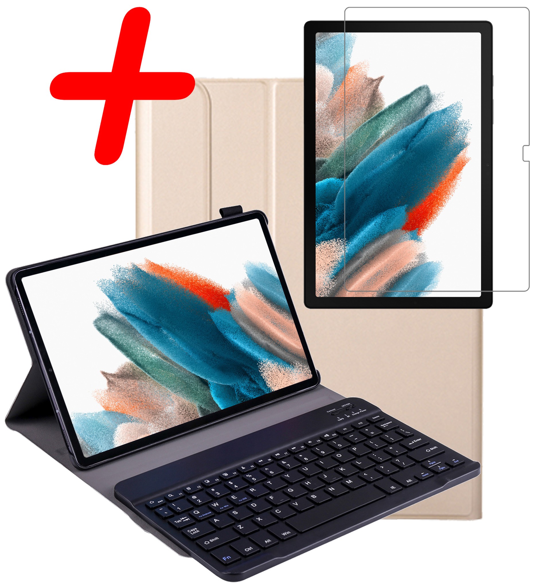 BASEY. Hoesje Geschikt voor Samsung Galaxy Tab A8 Toetsenbord Hoes Book Case Met Screenprotector - Hoes Geschikt voor Samsung Tab A8 Toetsenbord Hoesje Keyboard Cover - Goud