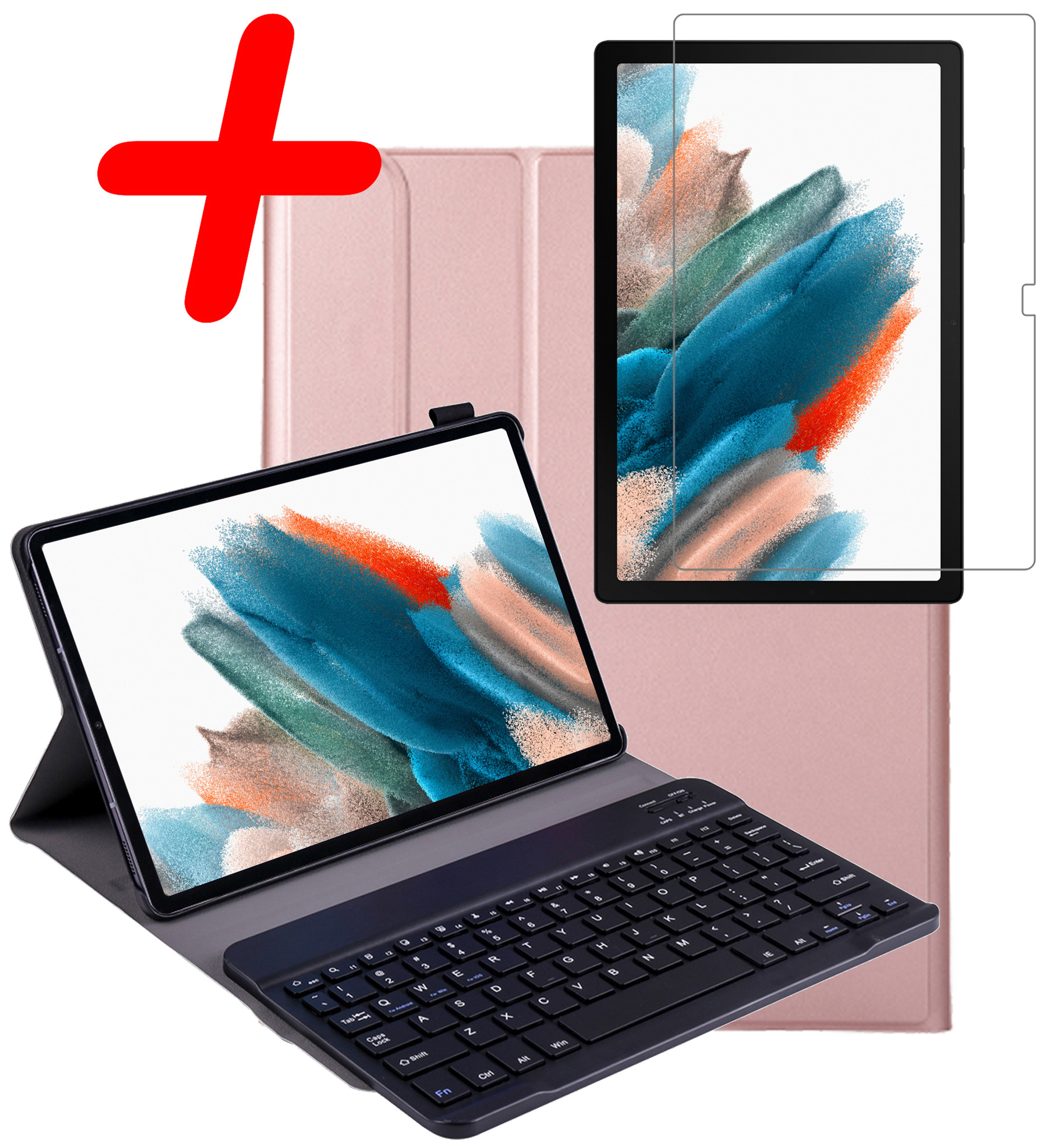 BASEY. Hoesje Geschikt voor Samsung Galaxy Tab A8 Toetsenbord Hoes Book Case Met Screenprotector - Hoes Geschikt voor Samsung Tab A8 Toetsenbord Hoesje Keyboard Cover - Rosé goud