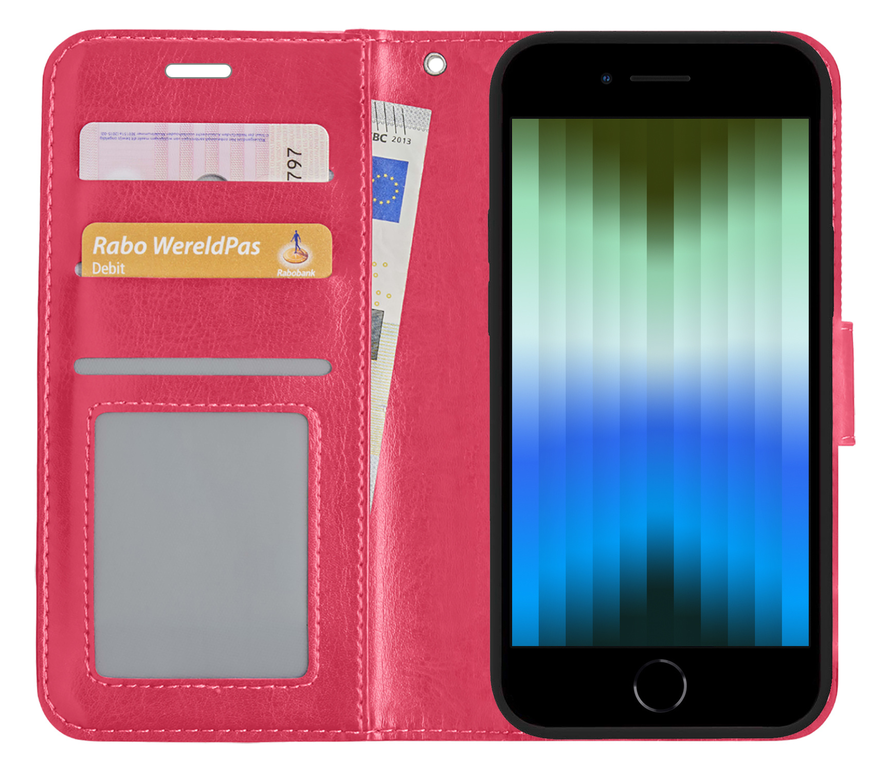 BASEY. Hoes Geschikt voor iPhone SE 2022 Hoesje Bookcase Hoes Flip Case Book Cover - Hoesje Geschikt voor iPhone SE (2022) Hoes Book Case Hoesje - Donkerroze