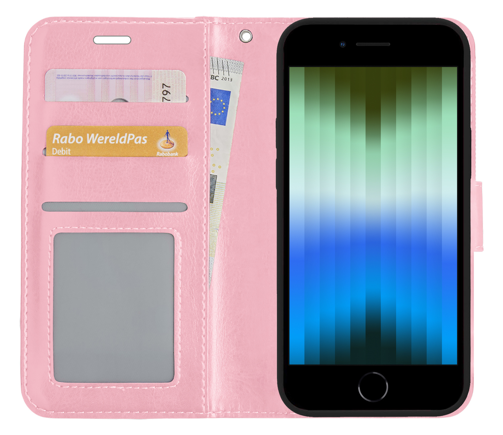 BASEY. Hoes Geschikt voor iPhone SE 2022 Hoesje Bookcase Hoes Flip Case Book Cover - Hoesje Geschikt voor iPhone SE (2022) Hoes Book Case Hoesje - Lichtroze