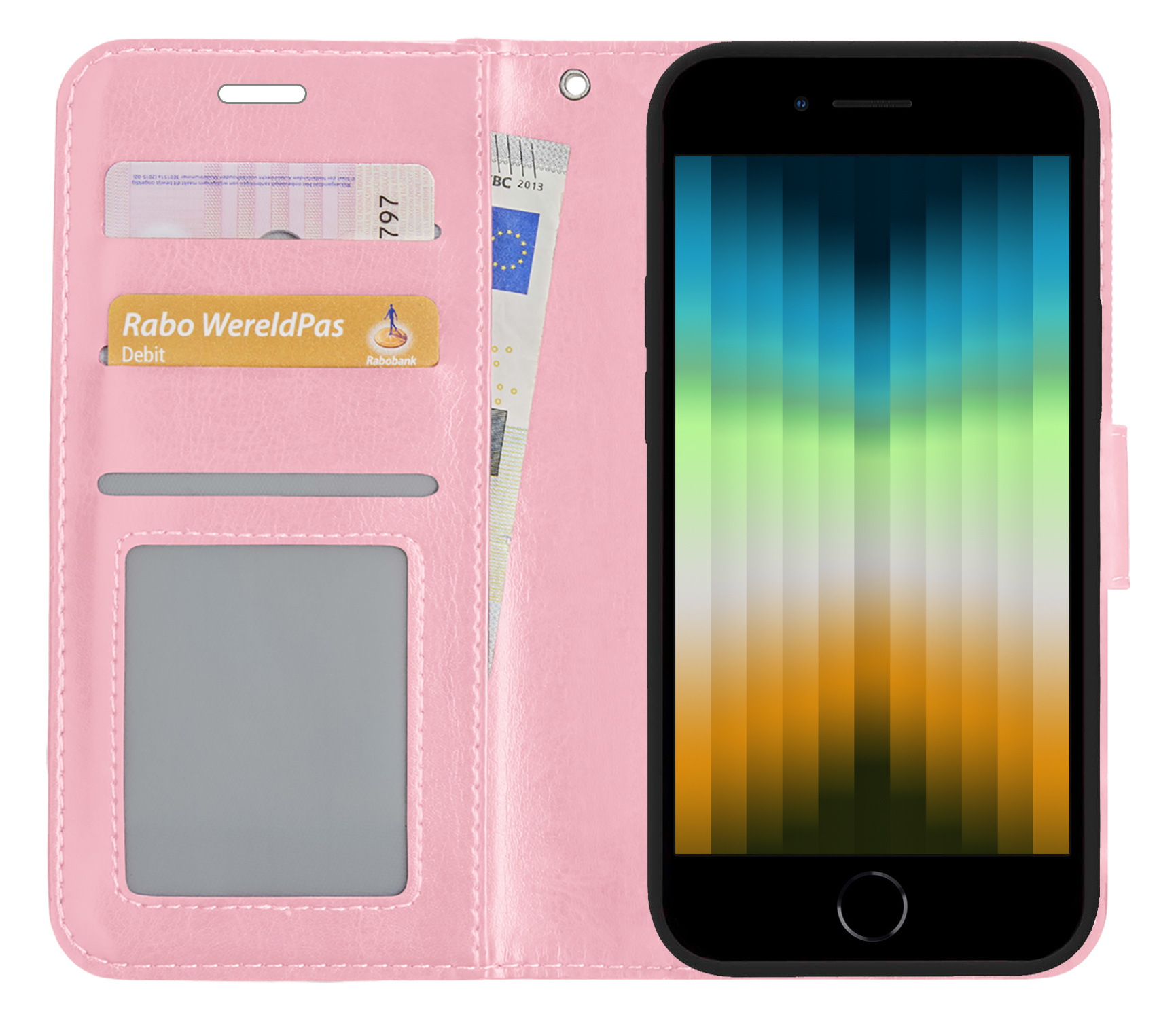 NoXx Hoes Geschikt voor iPhone SE 2022 Hoesje Book Case Hoes Flip Cover Wallet Bookcase - Lichtroze