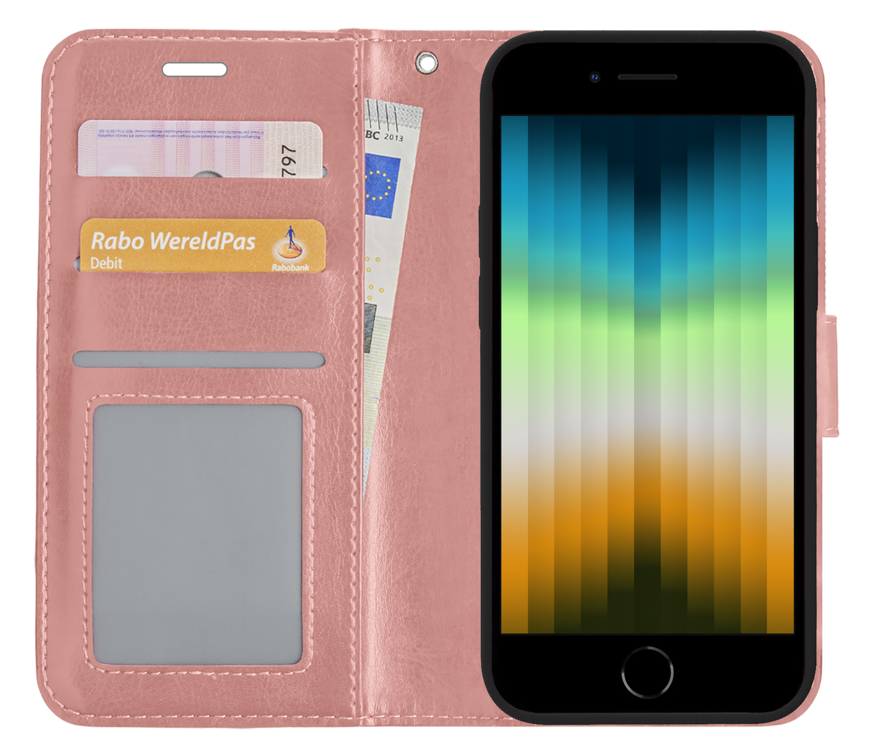 NoXx Hoes Geschikt voor iPhone SE 2022 Hoesje Book Case Hoes Flip Cover Wallet Bookcase - Rosé goud