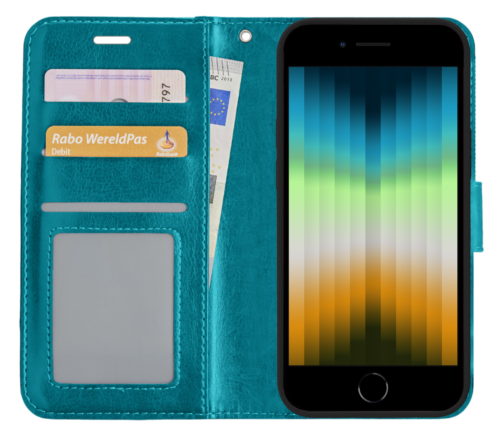 NoXx Hoes Geschikt voor iPhone SE 2022 Hoesje Book Case Hoes Flip Cover Wallet Bookcase - Turquoise