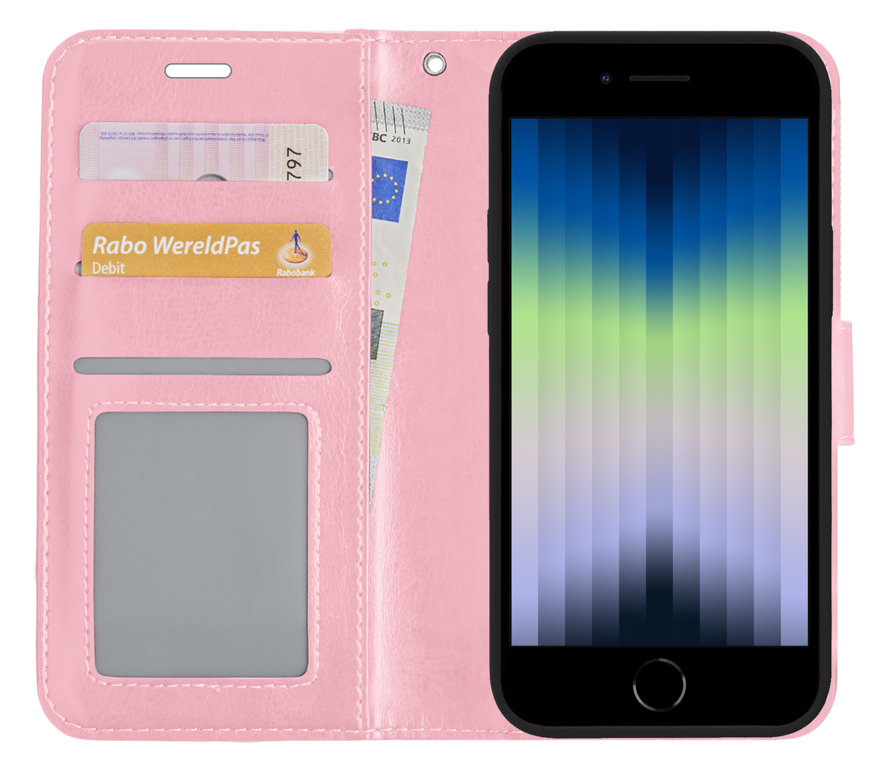 Nomfy Hoesje Geschikt voor iPhone SE 2022 Hoes Bookcase Flipcase Book Cover - Hoes Geschikt voor iPhone SE (2022) Hoesje Book Case - Lichtroze