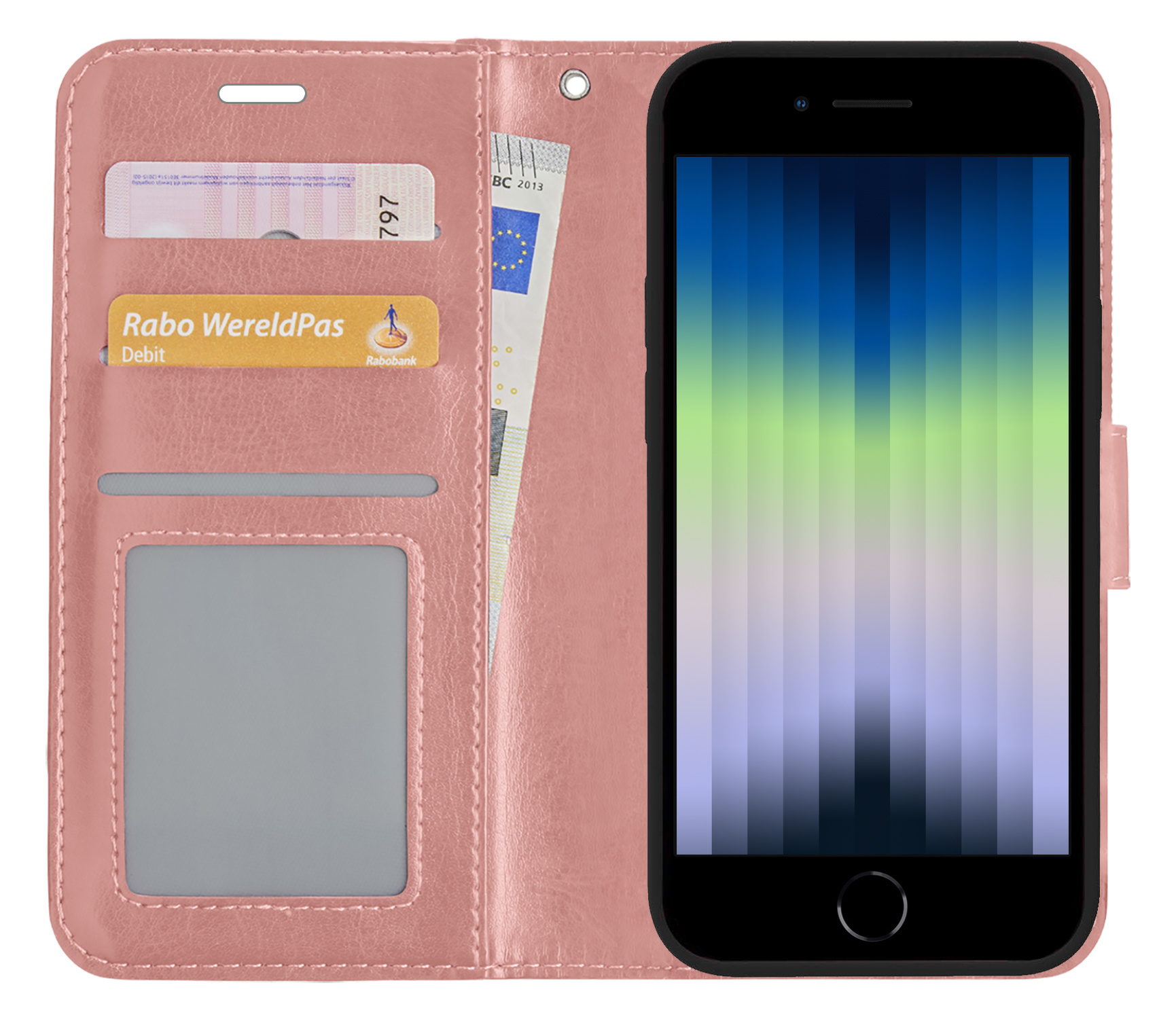 Nomfy Hoesje Geschikt voor iPhone SE 2022 Hoes Bookcase Flipcase Book Cover - Hoes Geschikt voor iPhone SE (2022) Hoesje Book Case - Rosé goud