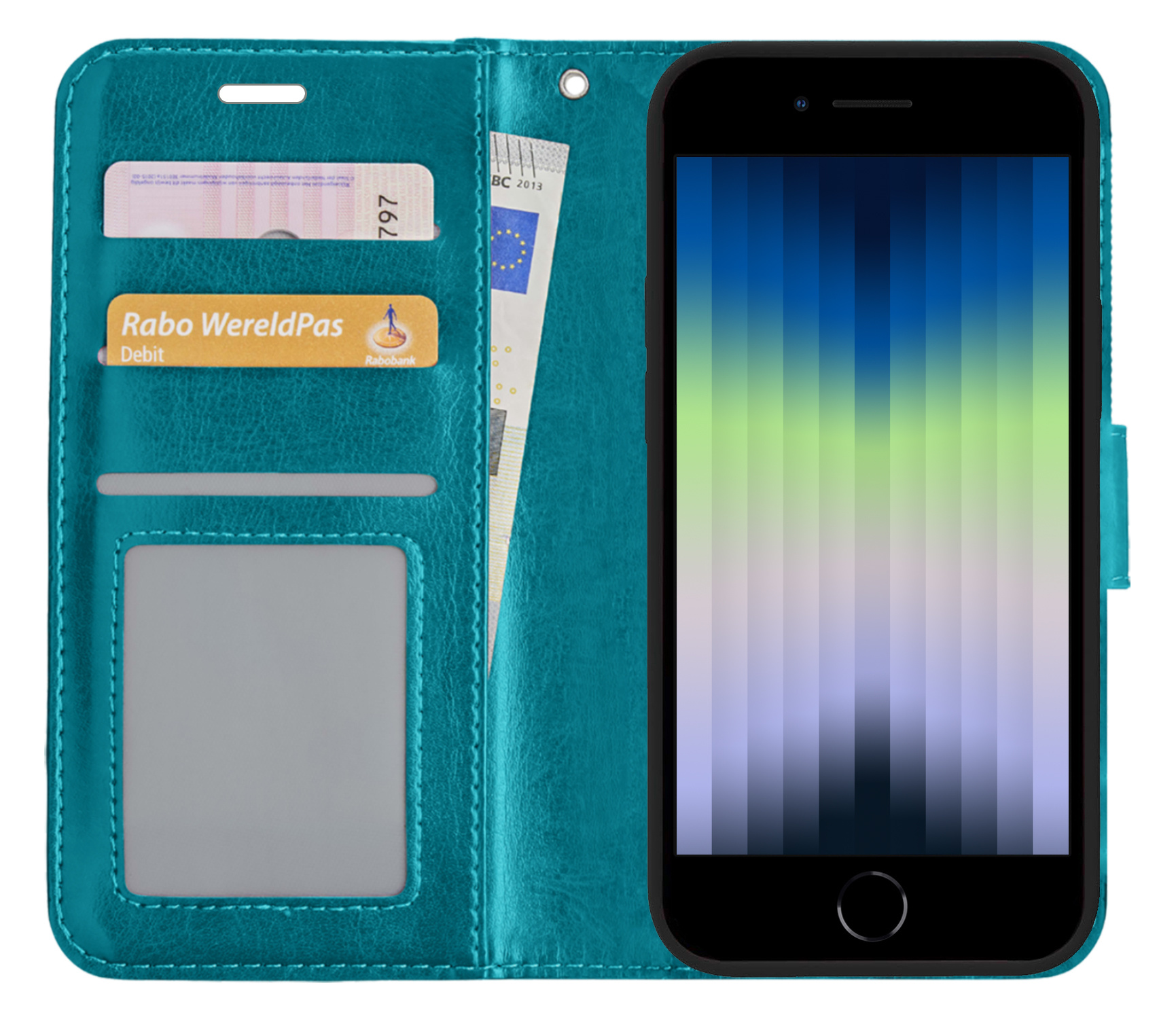 Nomfy Hoesje Geschikt voor iPhone SE 2022 Hoes Bookcase Flipcase Book Cover - Hoes Geschikt voor iPhone SE (2022) Hoesje Book Case - Turquoise