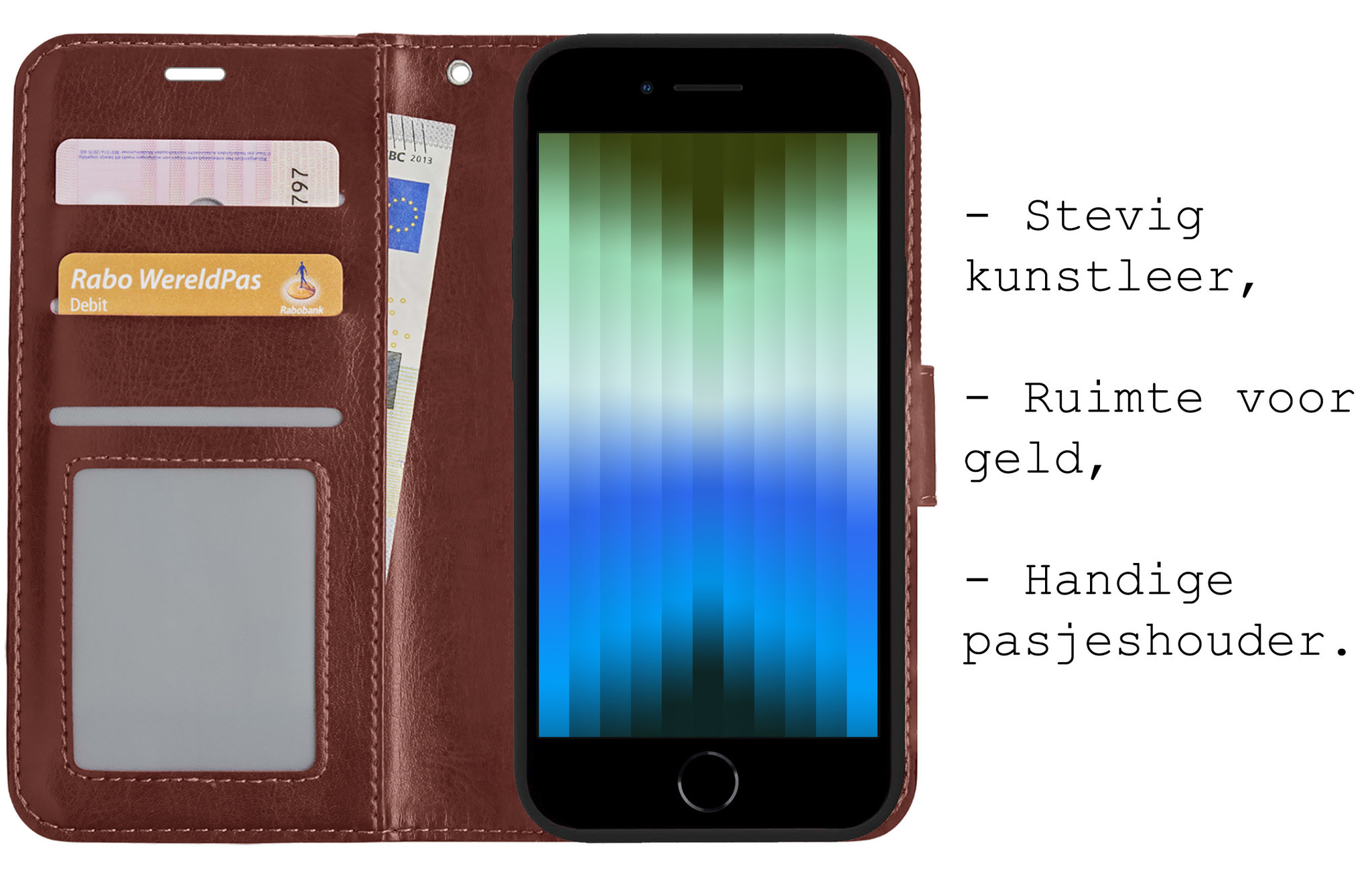 BASEY. Hoes Geschikt voor iPhone SE 2022 Hoesje Bookcase Hoes Flip Case Book Cover Met Screenprotector - Hoesje Geschikt voor iPhone SE (2022) Hoes Book Case Hoesje - Bruin