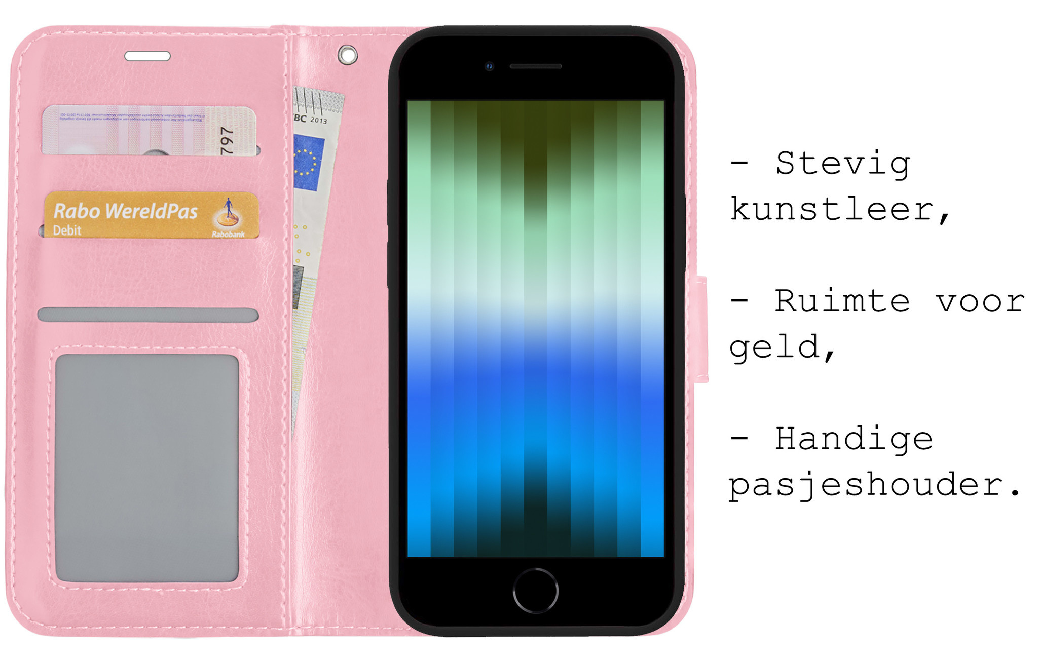 BASEY. Hoes Geschikt voor iPhone SE 2022 Hoesje Bookcase Hoes Flip Case Book Cover Met Screenprotector - Hoesje Geschikt voor iPhone SE (2022) Hoes Book Case Hoesje - Lichtroze