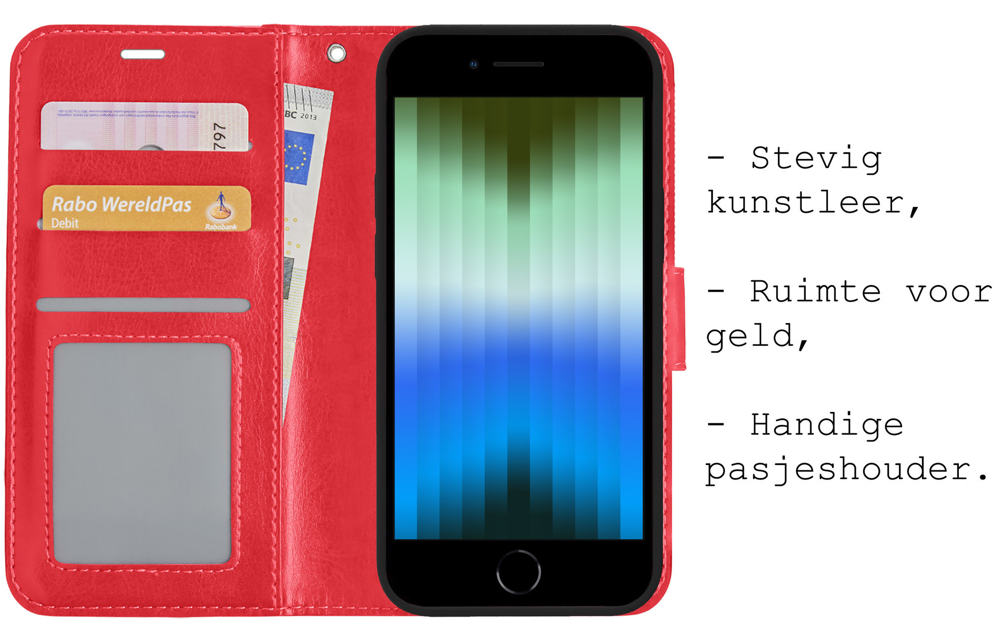 BASEY. Hoes Geschikt voor iPhone SE 2022 Hoesje Bookcase Hoes Flip Case Book Cover Met Screenprotector - Hoesje Geschikt voor iPhone SE (2022) Hoes Book Case Hoesje - Rood