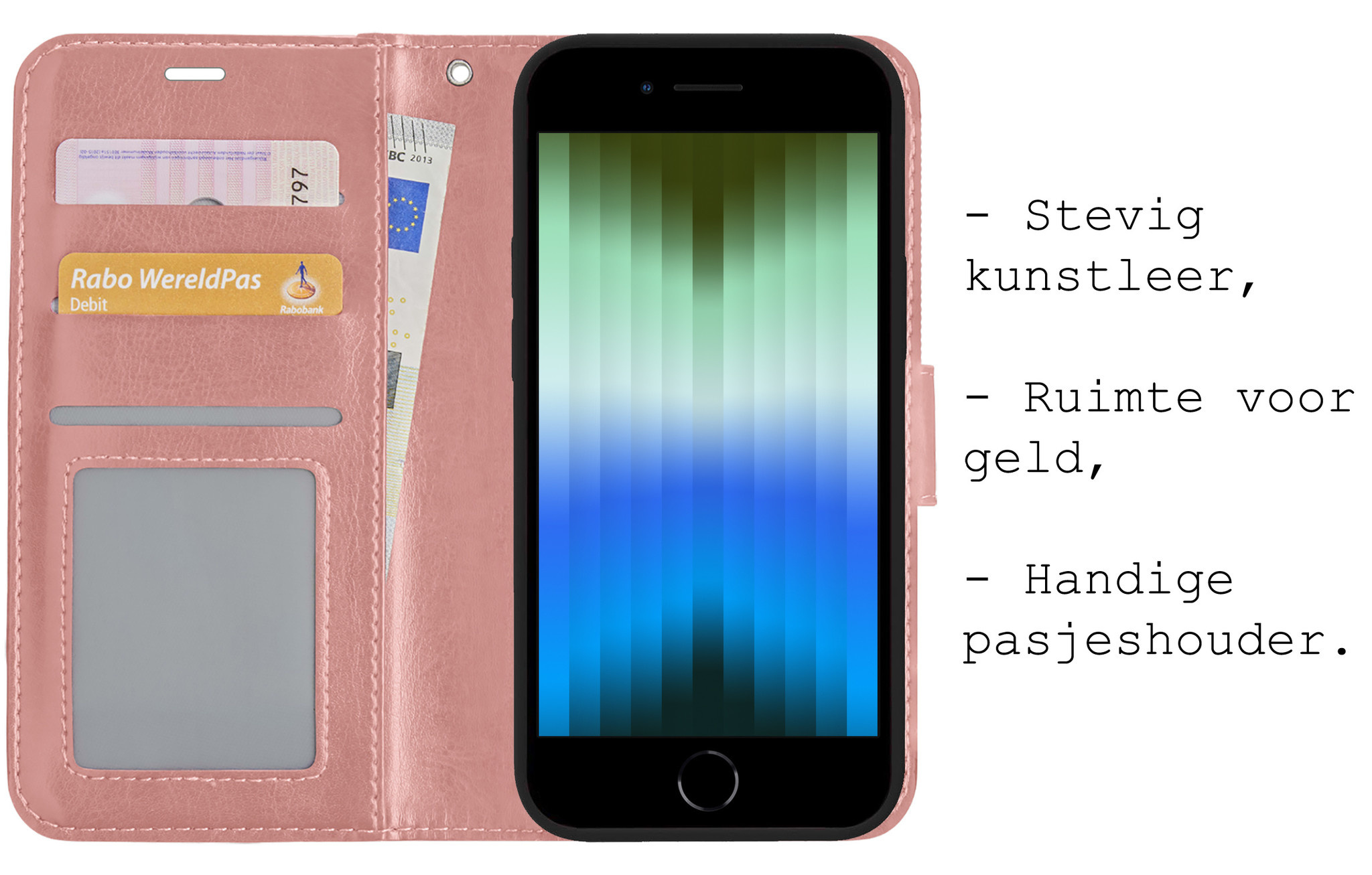 BASEY. Hoes Geschikt voor iPhone SE 2022 Hoesje Bookcase Hoes Flip Case Book Cover Met Screenprotector - Hoesje Geschikt voor iPhone SE (2022) Hoes Book Case Hoesje - Rosé goud