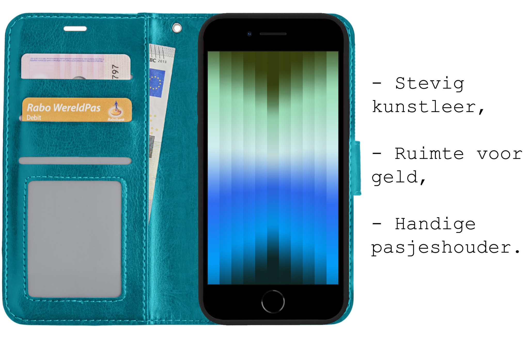 BASEY. Hoes Geschikt voor iPhone SE 2022 Hoesje Bookcase Hoes Flip Case Book Cover Met Screenprotector - Hoesje Geschikt voor iPhone SE (2022) Hoes Book Case Hoesje - Turquoise