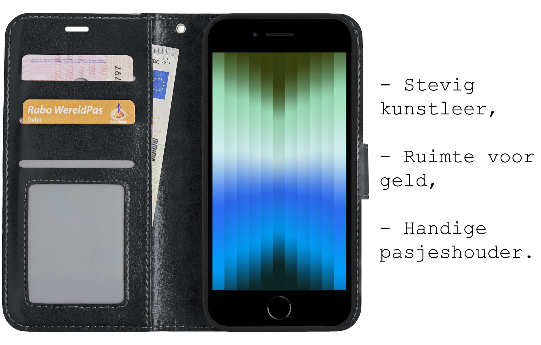 BASEY. Hoes Geschikt voor iPhone SE 2022 Hoesje Bookcase Hoes Flip Case Book Cover Met Screenprotector - Hoesje Geschikt voor iPhone SE (2022) Hoes Book Case Hoesje - Zwart