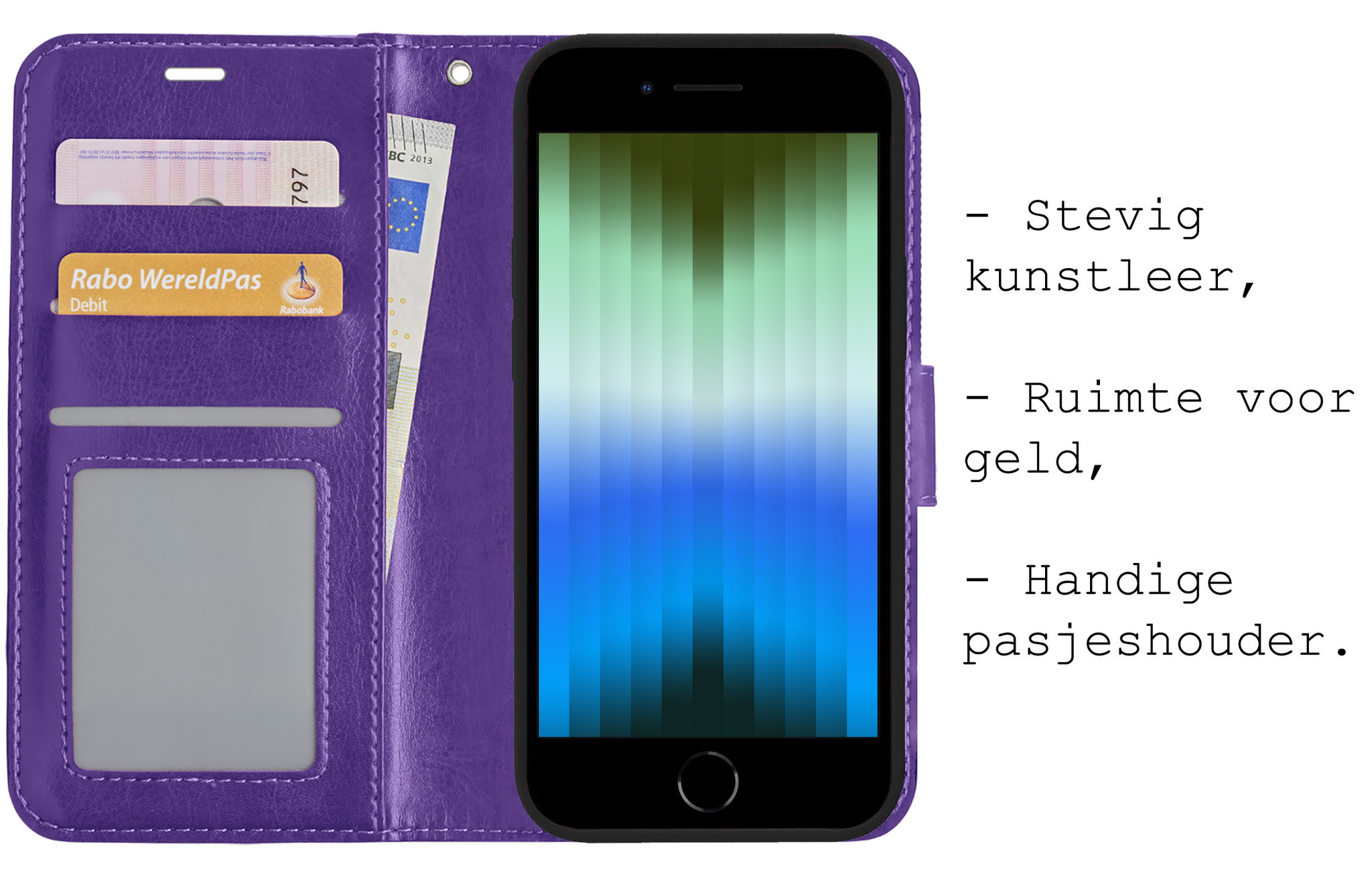 BASEY. Hoes Geschikt voor iPhone SE 2022 Hoesje Bookcase Hoes Flip Case Book Cover Met 2x Screenprotector - Hoesje Geschikt voor iPhone SE (2022) Hoes Book Case Hoesje - Paars