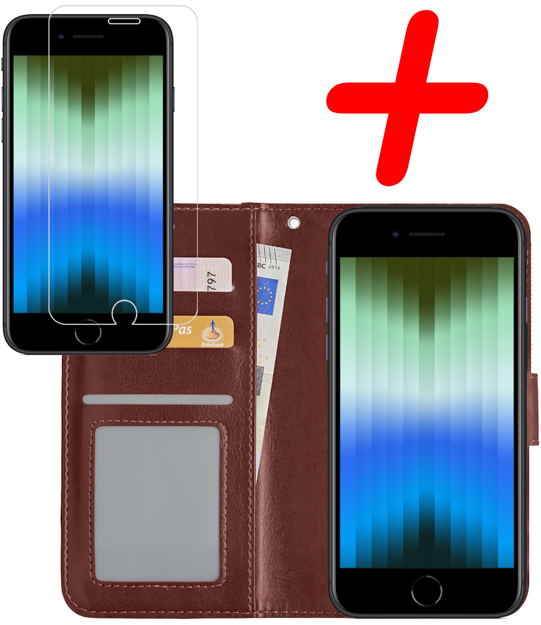 BASEY. Hoes Geschikt voor iPhone SE 2022 Hoesje Bookcase Hoes Flip Case Book Cover Met Screenprotector - Hoesje Geschikt voor iPhone SE (2022) Hoes Book Case Hoesje - Bruin