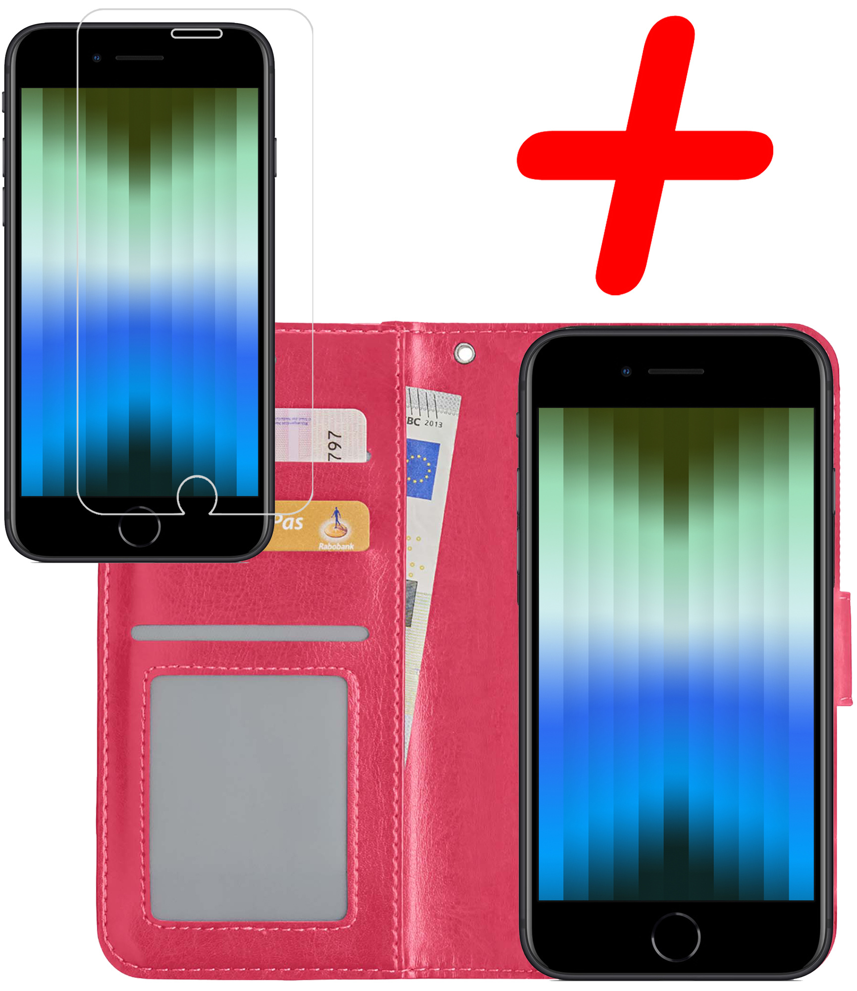 BASEY. Hoes Geschikt voor iPhone SE 2022 Hoesje Bookcase Hoes Flip Case Book Cover Met Screenprotector - Hoesje Geschikt voor iPhone SE (2022) Hoes Book Case Hoesje - Donkerroze