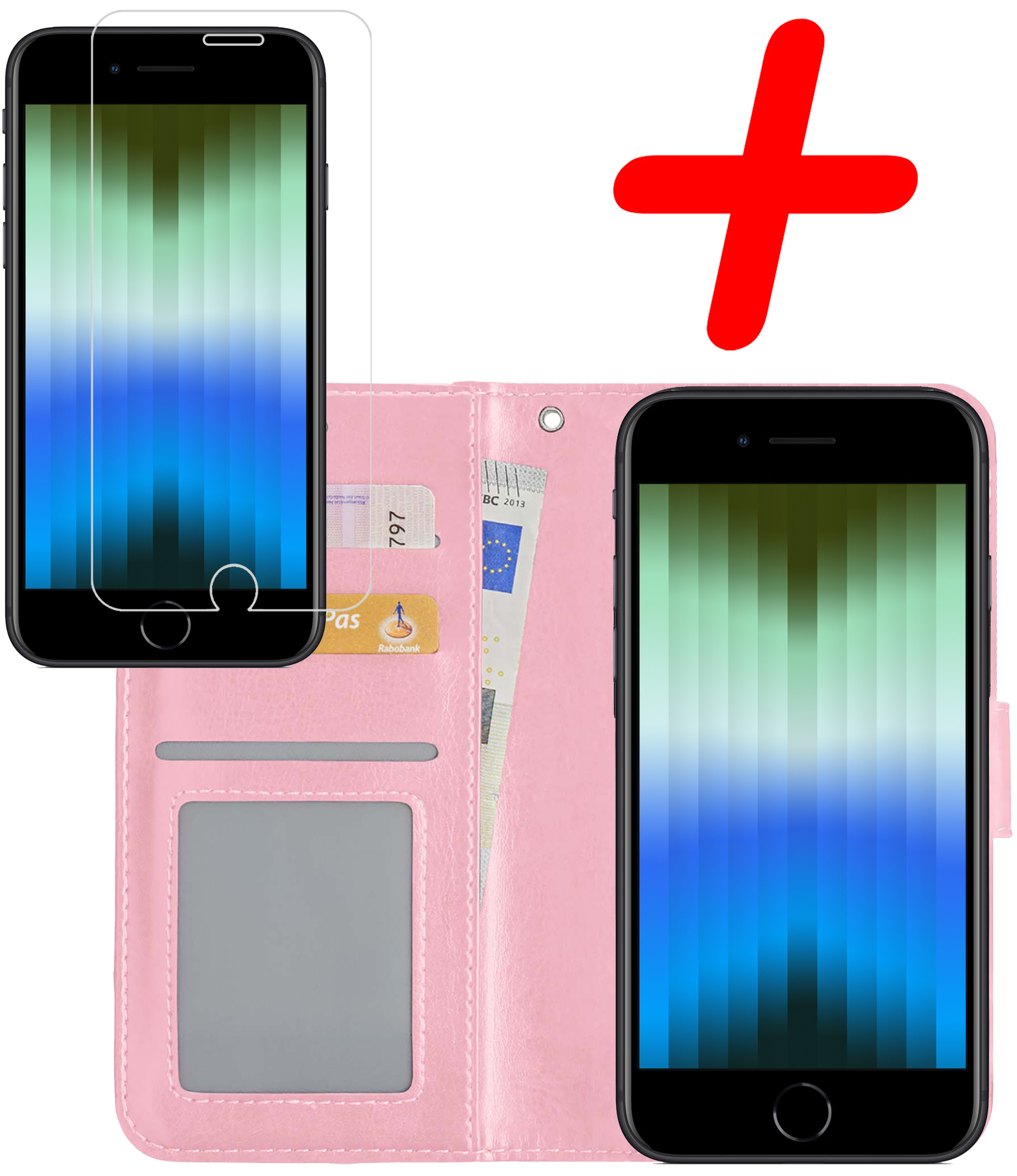BASEY. Hoes Geschikt voor iPhone SE 2022 Hoesje Bookcase Hoes Flip Case Book Cover Met Screenprotector - Hoesje Geschikt voor iPhone SE (2022) Hoes Book Case Hoesje - Lichtroze
