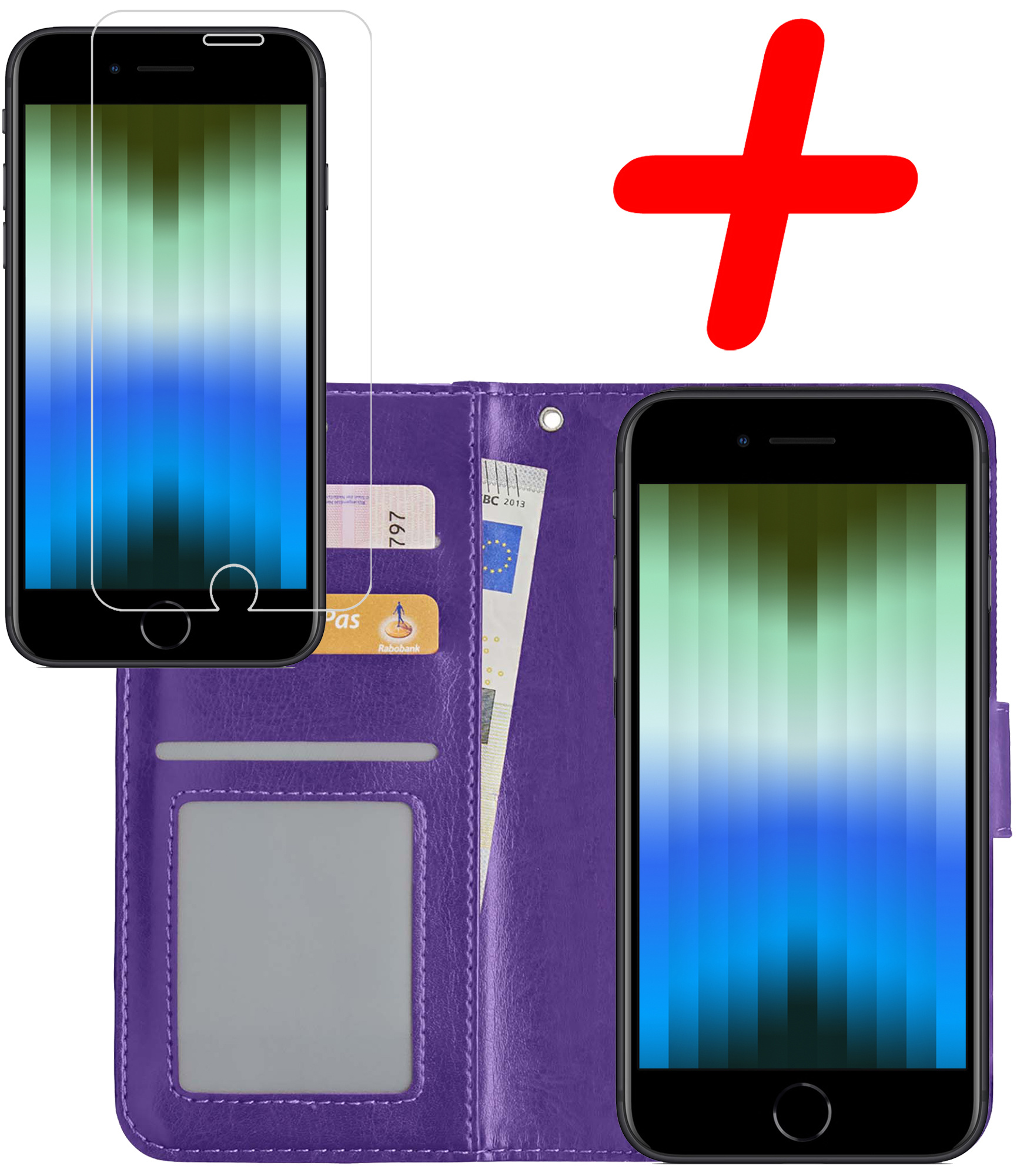 BASEY. Hoes Geschikt voor iPhone SE 2022 Hoesje Bookcase Hoes Flip Case Book Cover Met Screenprotector - Hoesje Geschikt voor iPhone SE (2022) Hoes Book Case Hoesje - Paars