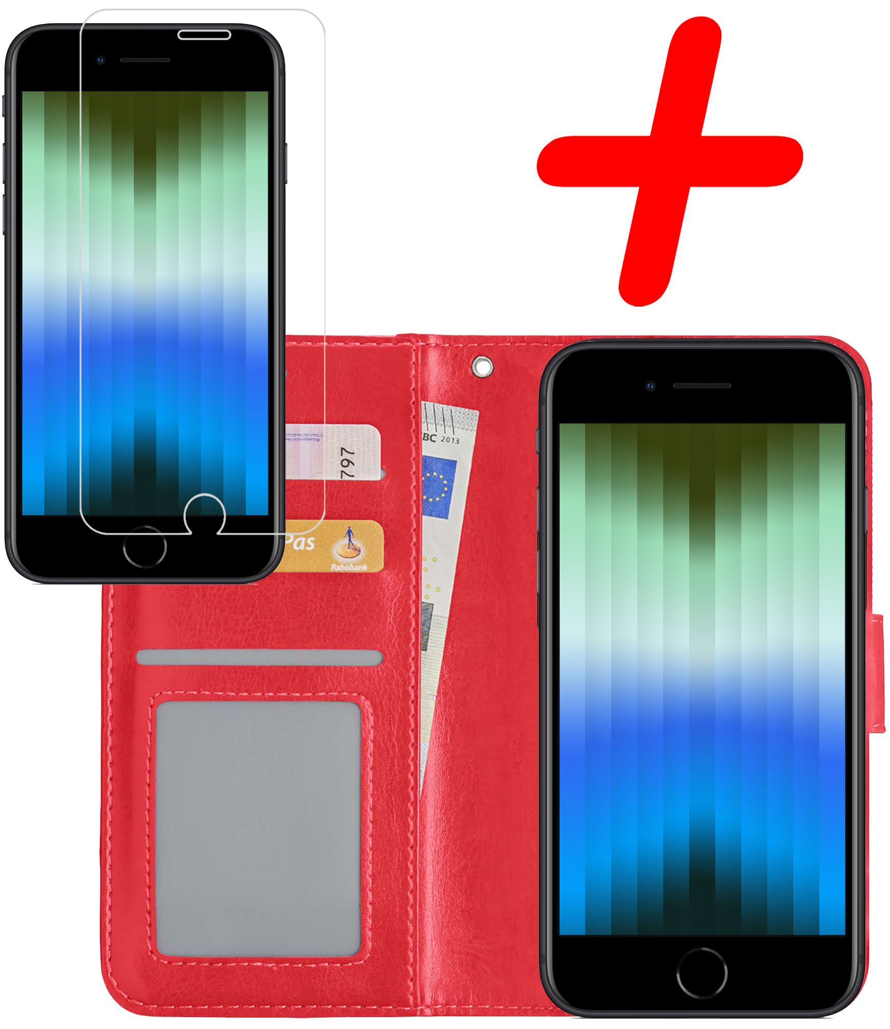 BASEY. Hoes Geschikt voor iPhone SE 2022 Hoesje Bookcase Hoes Flip Case Book Cover Met Screenprotector - Hoesje Geschikt voor iPhone SE (2022) Hoes Book Case Hoesje - Rood
