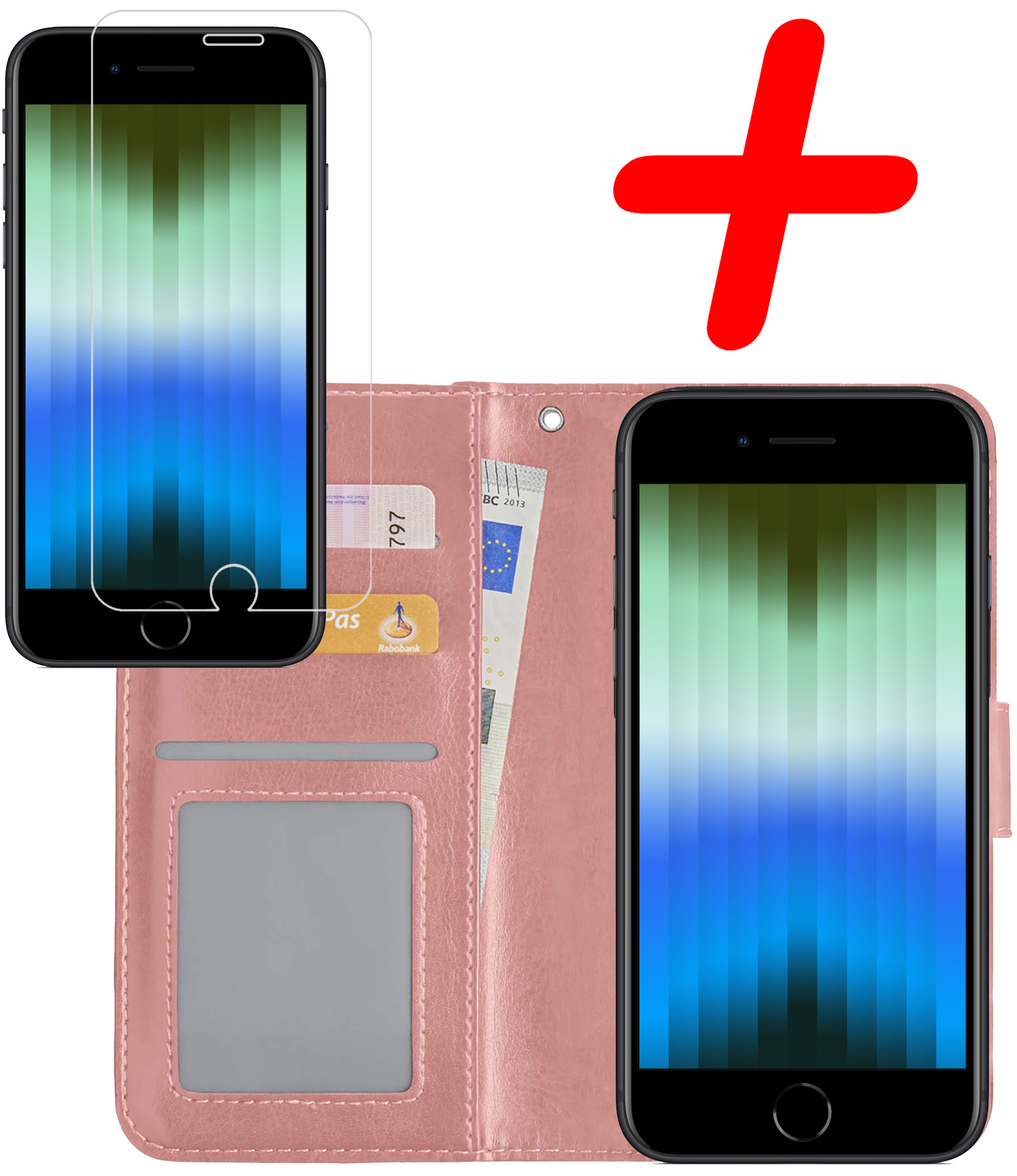 BASEY. Hoes Geschikt voor iPhone SE 2022 Hoesje Bookcase Hoes Flip Case Book Cover Met Screenprotector - Hoesje Geschikt voor iPhone SE (2022) Hoes Book Case Hoesje - Rosé goud