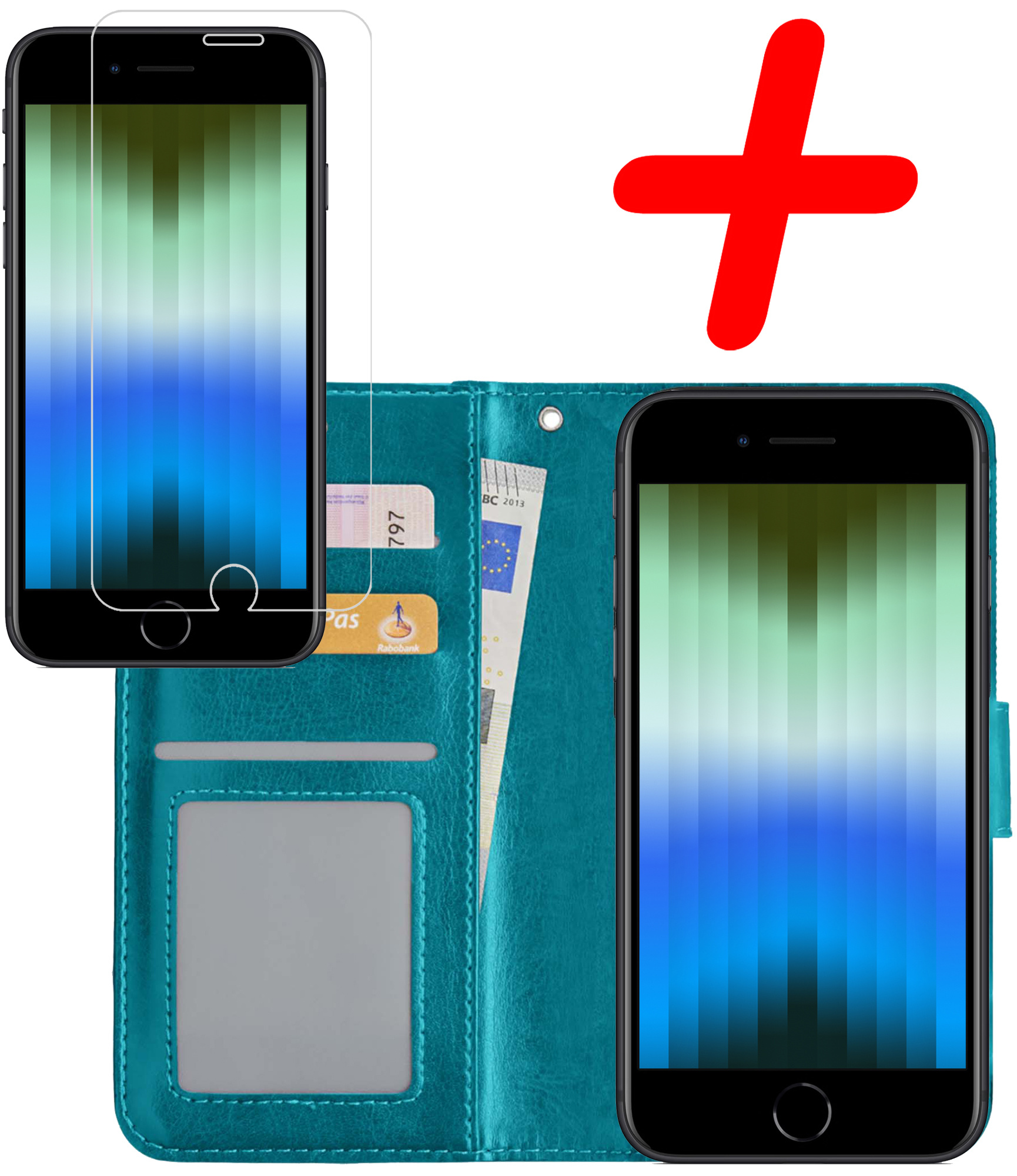 BASEY. Hoes Geschikt voor iPhone SE 2022 Hoesje Bookcase Hoes Flip Case Book Cover Met Screenprotector - Hoesje Geschikt voor iPhone SE (2022) Hoes Book Case Hoesje - Turquoise