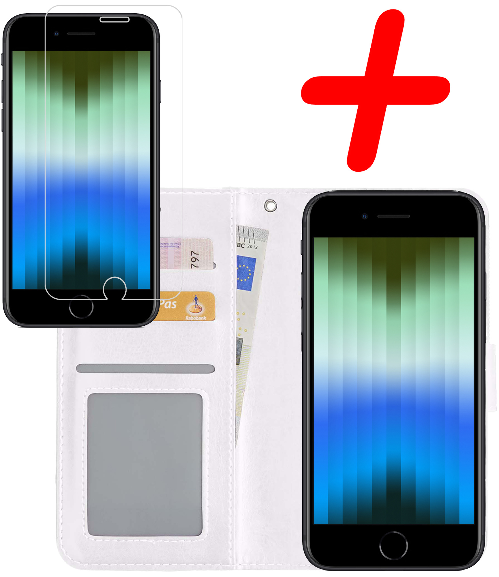 BASEY. Hoes Geschikt voor iPhone SE 2022 Hoesje Bookcase Hoes Flip Case Book Cover Met Screenprotector - Hoesje Geschikt voor iPhone SE (2022) Hoes Book Case Hoesje - Wit