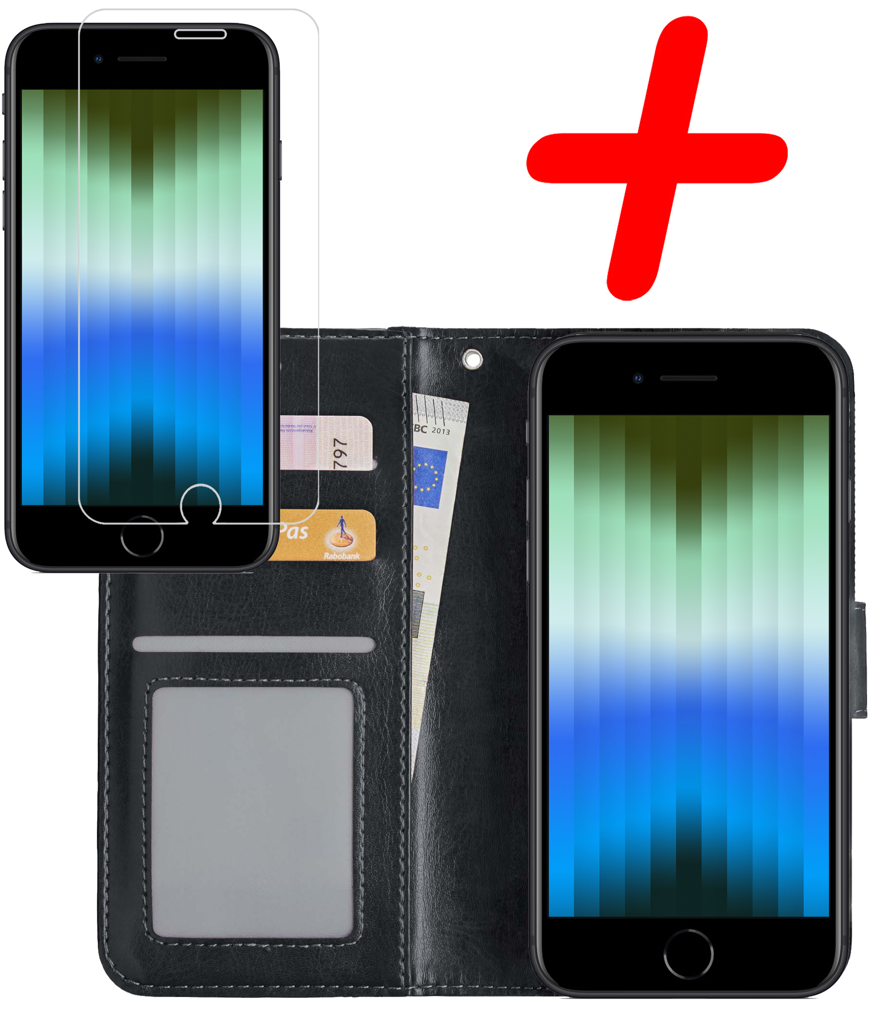 BASEY. Hoes Geschikt voor iPhone SE 2022 Hoesje Bookcase Hoes Flip Case Book Cover Met Screenprotector - Hoesje Geschikt voor iPhone SE (2022) Hoes Book Case Hoesje - Zwart