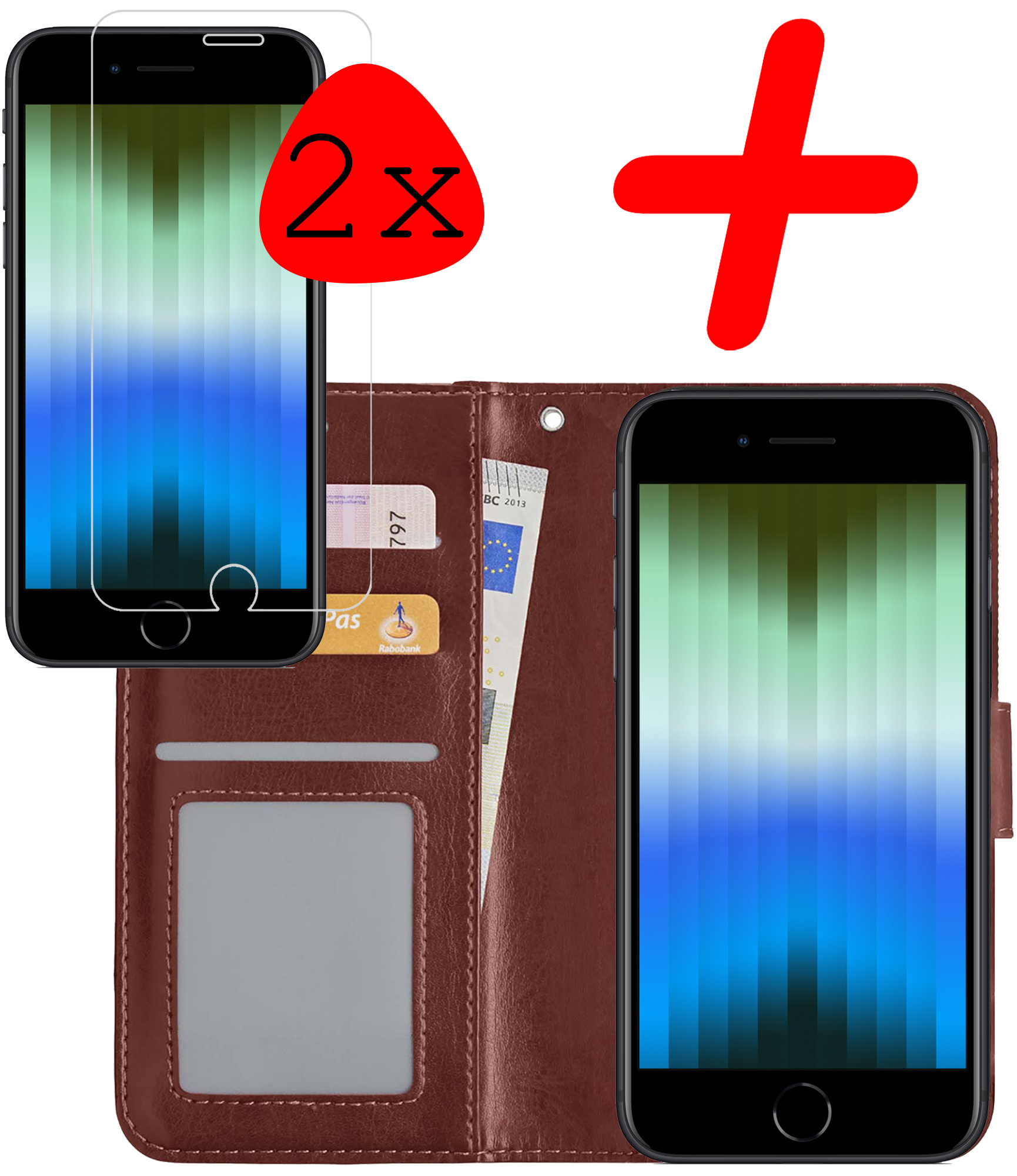 BASEY. Hoes Geschikt voor iPhone SE 2022 Hoesje Bookcase Hoes Flip Case Book Cover Met 2x Screenprotector - Hoesje Geschikt voor iPhone SE (2022) Hoes Book Case Hoesje - Bruin