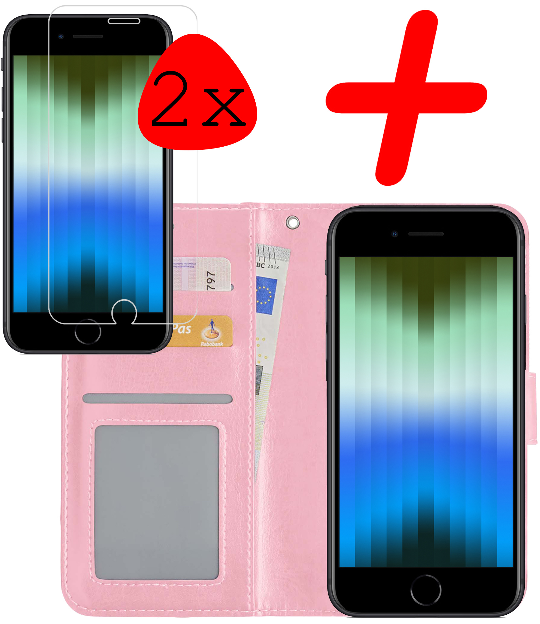 BASEY. Hoes Geschikt voor iPhone SE 2022 Hoesje Bookcase Hoes Flip Case Book Cover Met 2x Screenprotector - Hoesje Geschikt voor iPhone SE (2022) Hoes Book Case Hoesje - Lichtroze