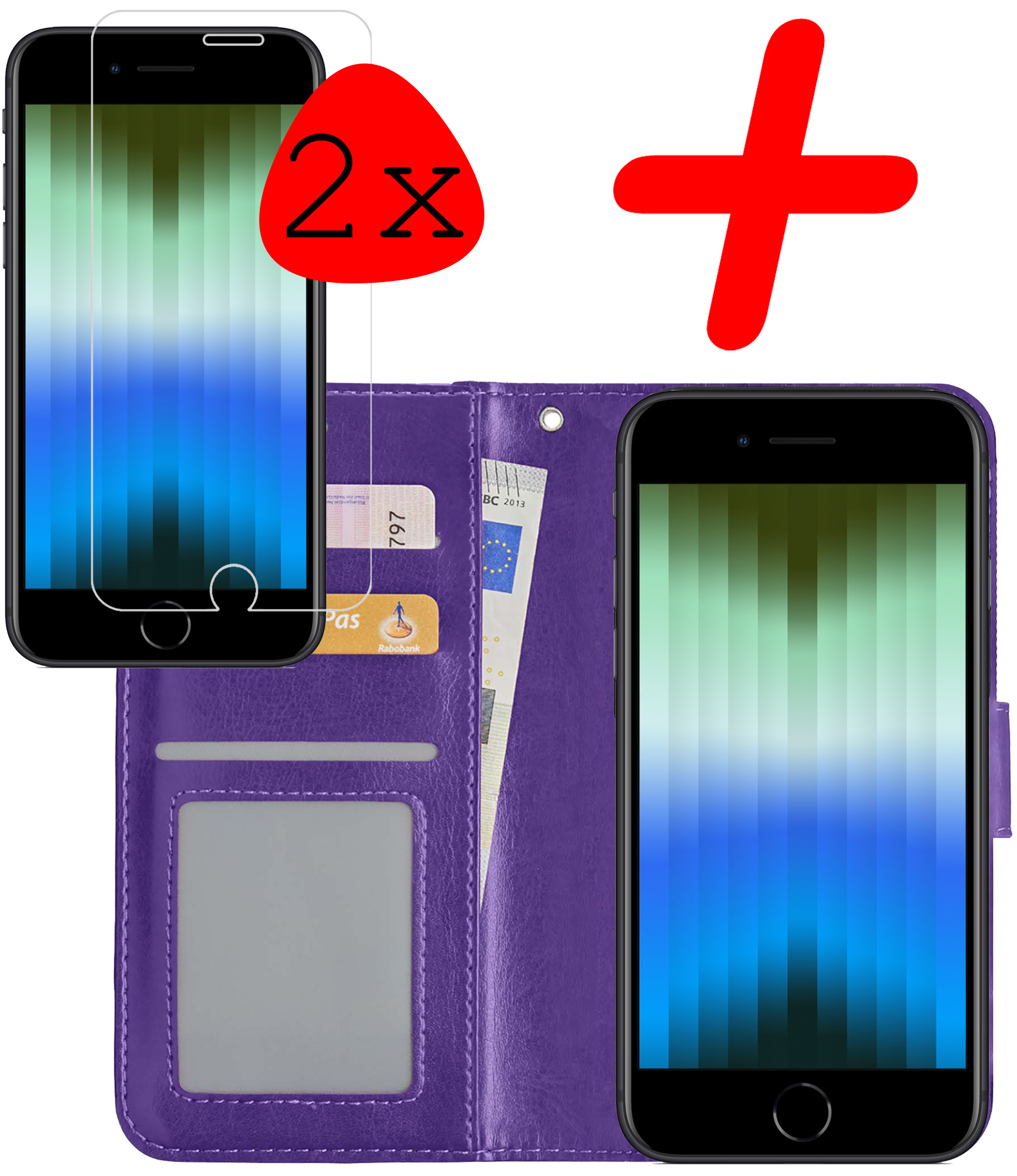 BASEY. Hoes Geschikt voor iPhone SE 2022 Hoesje Bookcase Hoes Flip Case Book Cover Met 2x Screenprotector - Hoesje Geschikt voor iPhone SE (2022) Hoes Book Case Hoesje - Paars