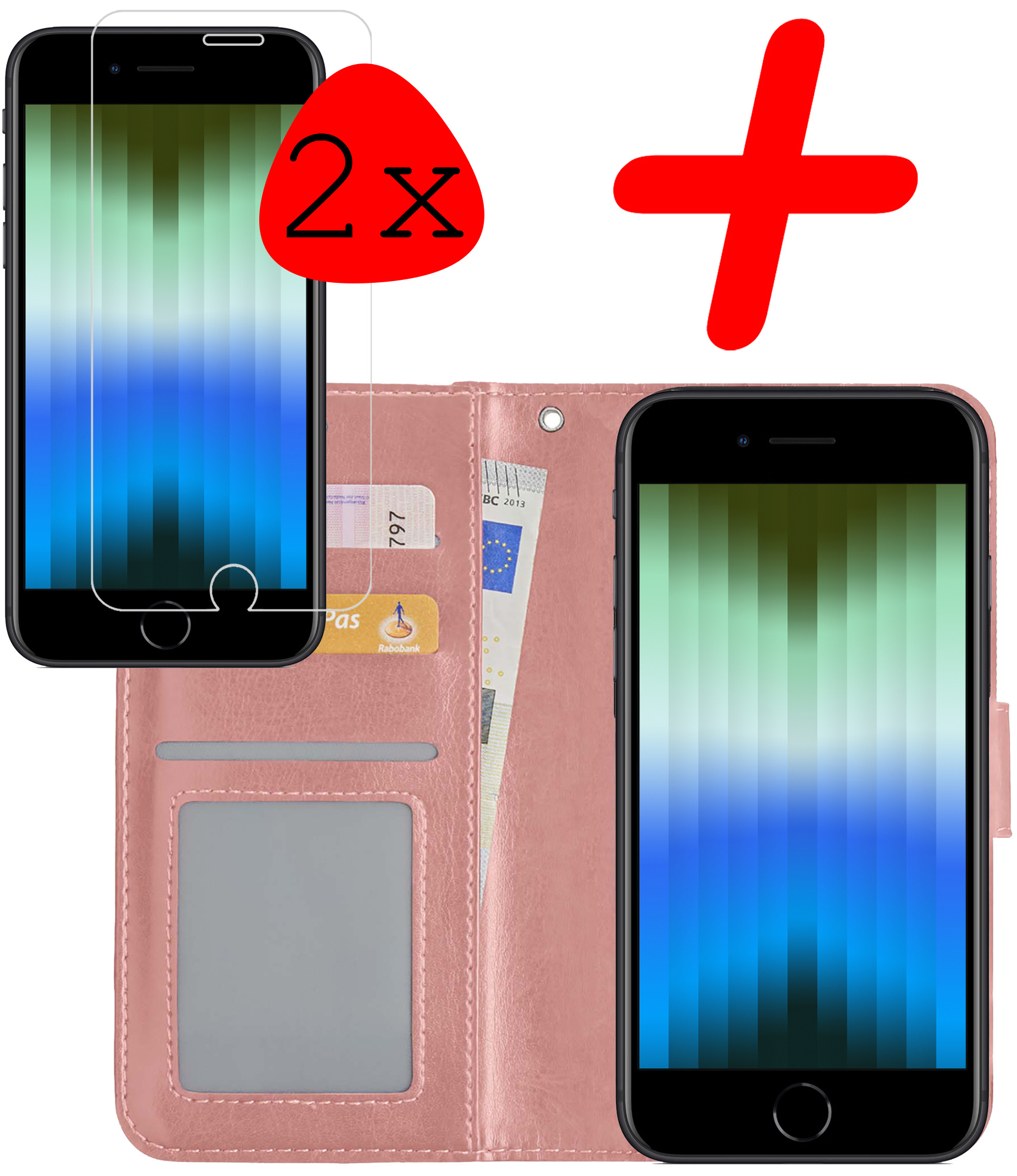 BASEY. Hoes Geschikt voor iPhone SE 2022 Hoesje Bookcase Hoes Flip Case Book Cover Met 2x Screenprotector - Hoesje Geschikt voor iPhone SE (2022) Hoes Book Case Hoesje - Rosé goud