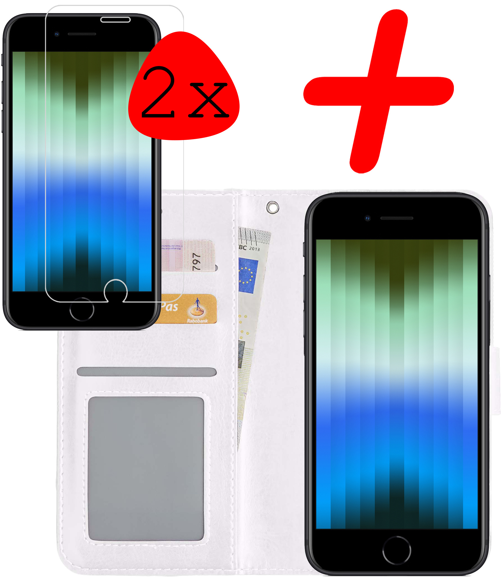 BASEY. Hoes Geschikt voor iPhone SE 2022 Hoesje Bookcase Hoes Flip Case Book Cover Met 2x Screenprotector - Hoesje Geschikt voor iPhone SE (2022) Hoes Book Case Hoesje - Wit