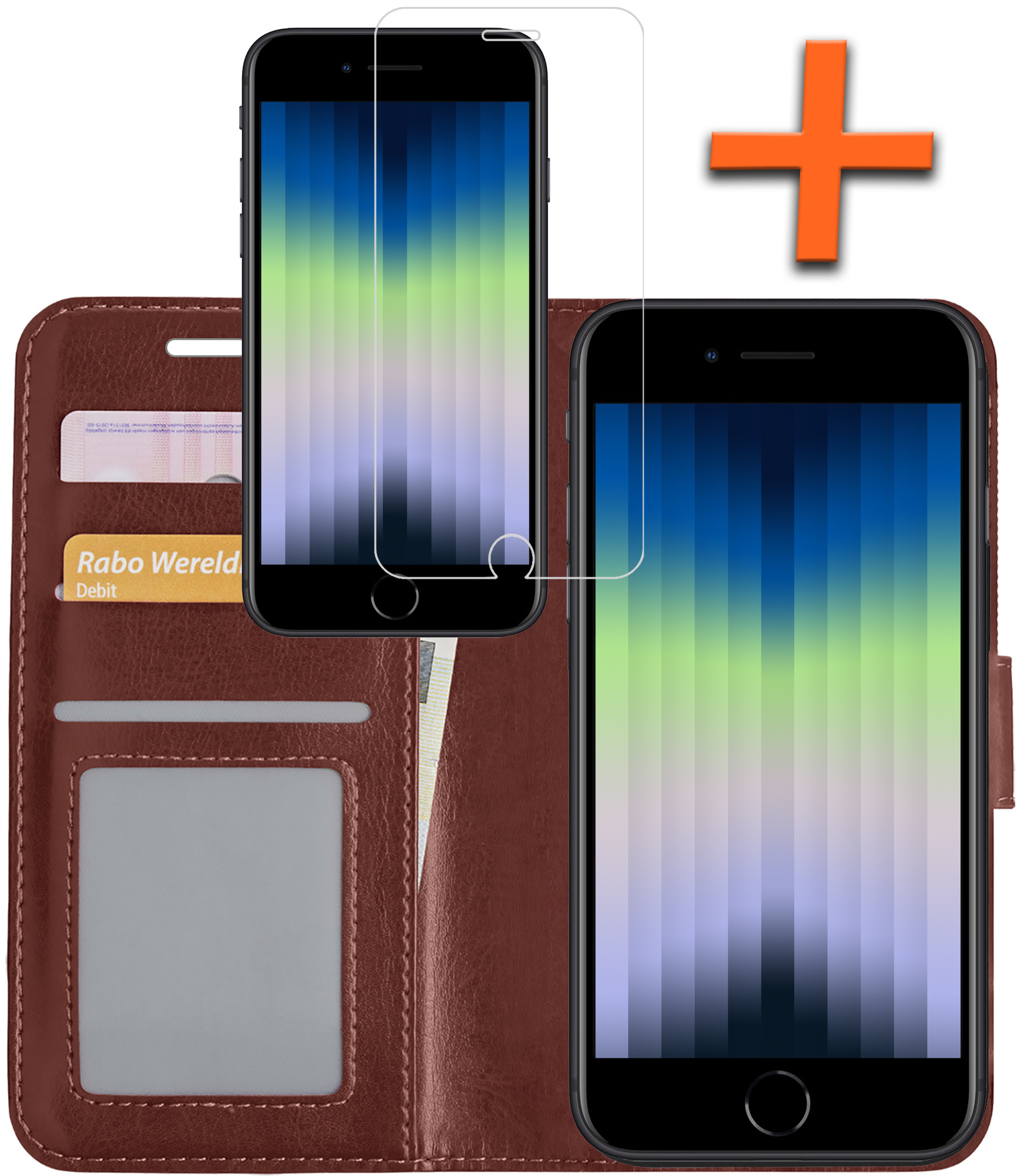 Nomfy Hoesje Geschikt voor iPhone SE 2022 Hoes Bookcase Flipcase Book Cover Met Screenprotector - Hoes Geschikt voor iPhone SE (2022) Hoesje Book Case - Bruin