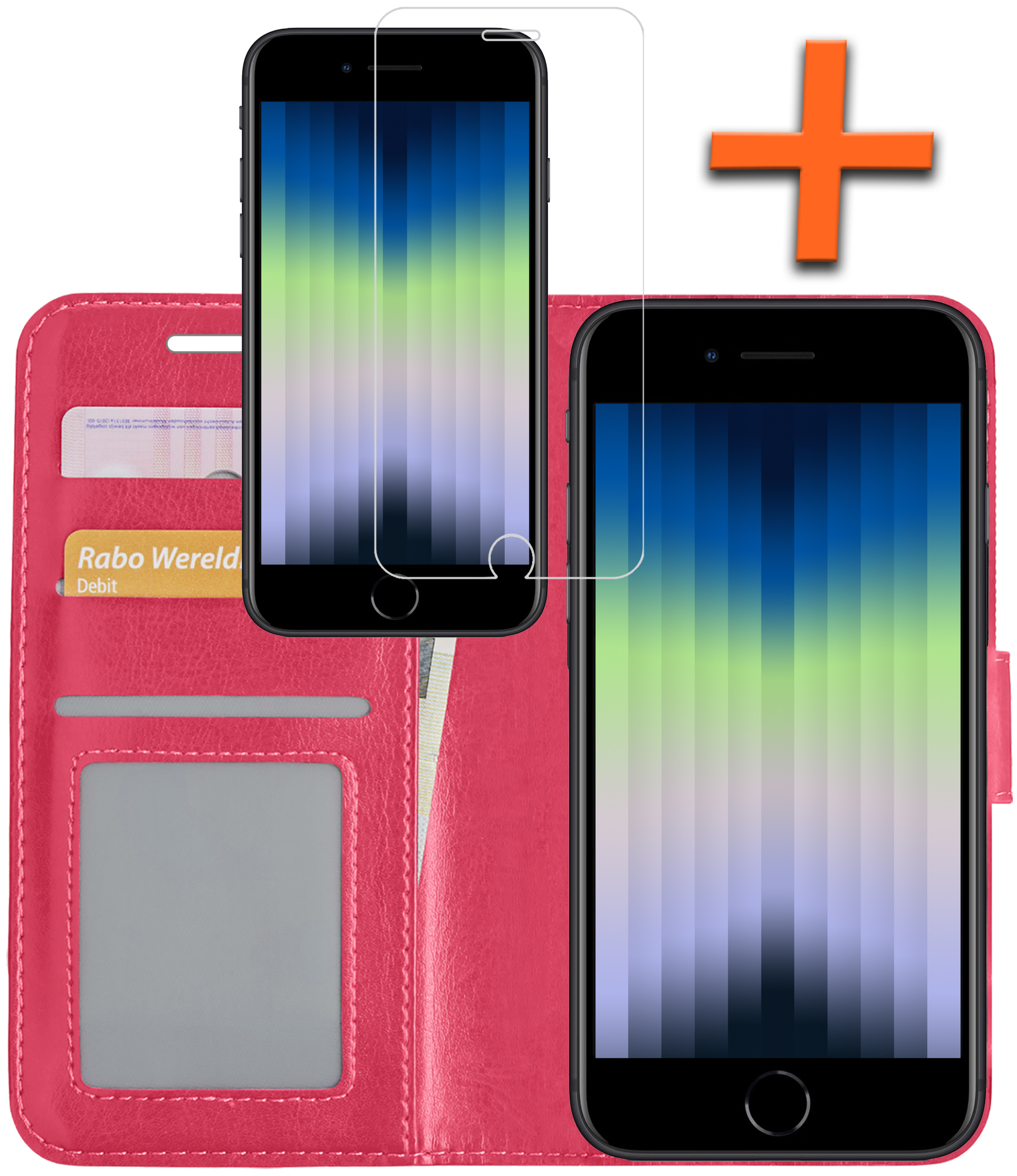 Nomfy Hoesje Geschikt voor iPhone SE 2022 Hoes Bookcase Flipcase Book Cover Met Screenprotector - Hoes Geschikt voor iPhone SE (2022) Hoesje Book Case - Donkerroze