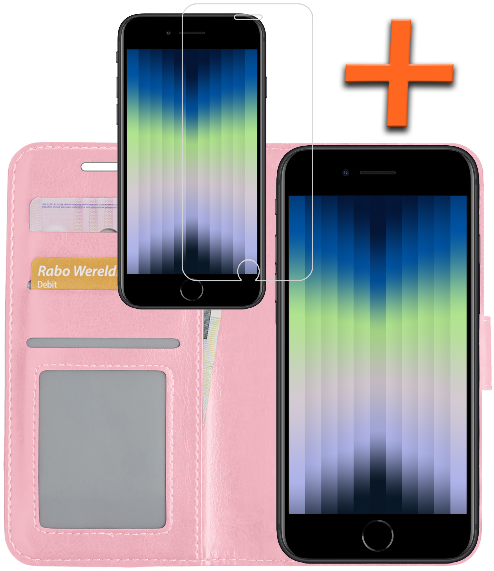 Nomfy Hoesje Geschikt voor iPhone SE 2022 Hoes Bookcase Flipcase Book Cover Met Screenprotector - Hoes Geschikt voor iPhone SE (2022) Hoesje Book Case - Lichtroze