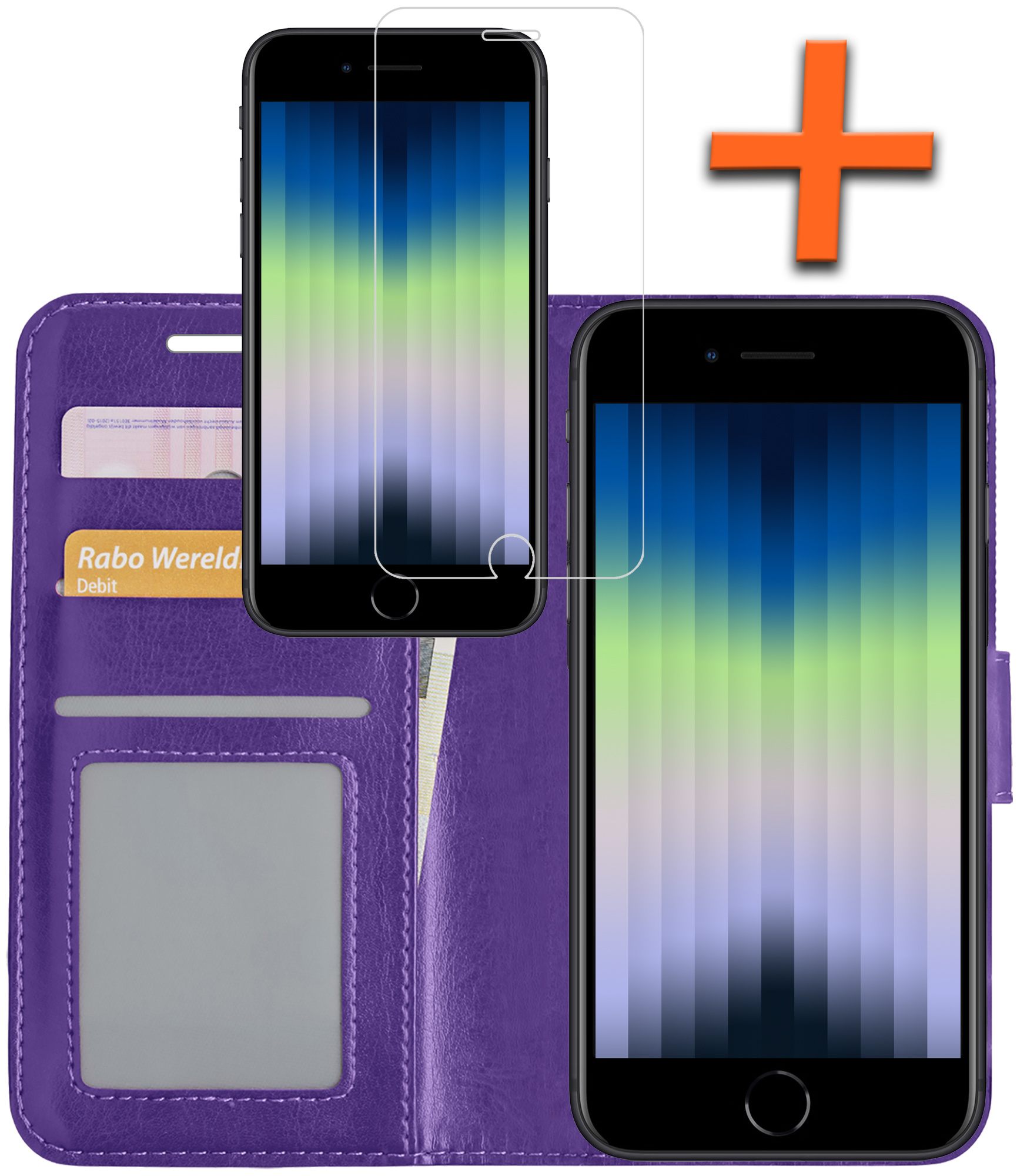 Nomfy Hoesje Geschikt voor iPhone SE 2022 Hoes Bookcase Flipcase Book Cover Met Screenprotector - Hoes Geschikt voor iPhone SE (2022) Hoesje Book Case - Paars