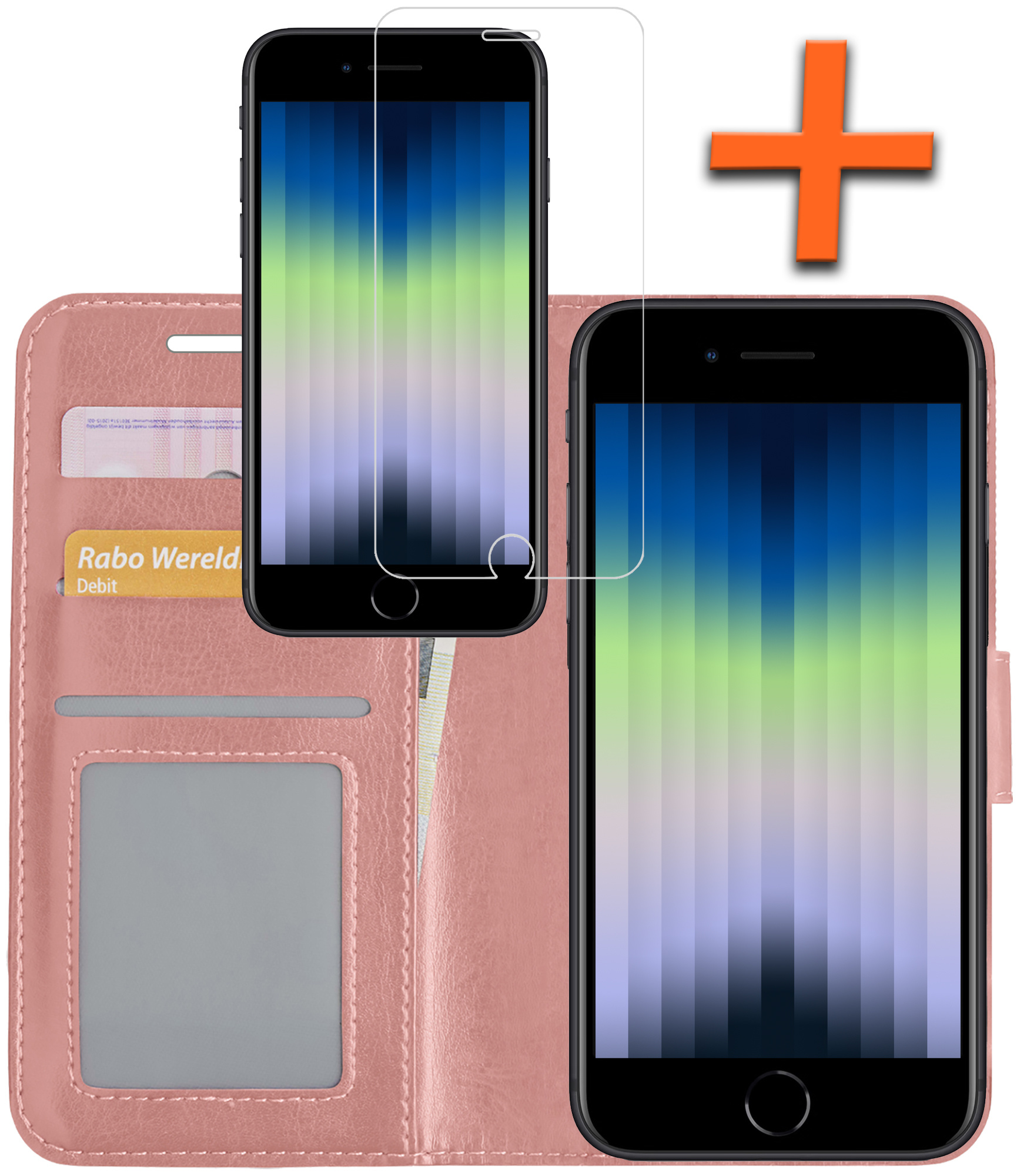 Nomfy Hoesje Geschikt voor iPhone SE 2022 Hoes Bookcase Flipcase Book Cover Met Screenprotector - Hoes Geschikt voor iPhone SE (2022) Hoesje Book Case - Rosé goud