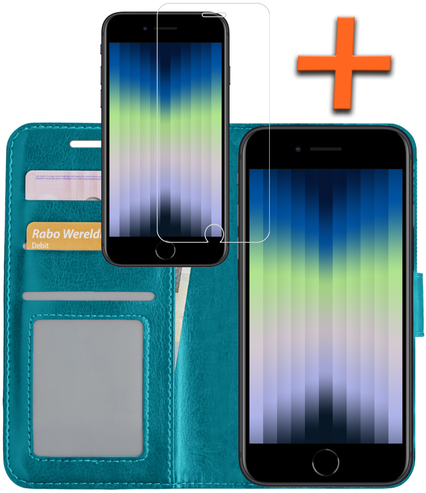 Nomfy Hoesje Geschikt voor iPhone SE 2022 Hoes Bookcase Flipcase Book Cover Met Screenprotector - Hoes Geschikt voor iPhone SE (2022) Hoesje Book Case - Turquoise